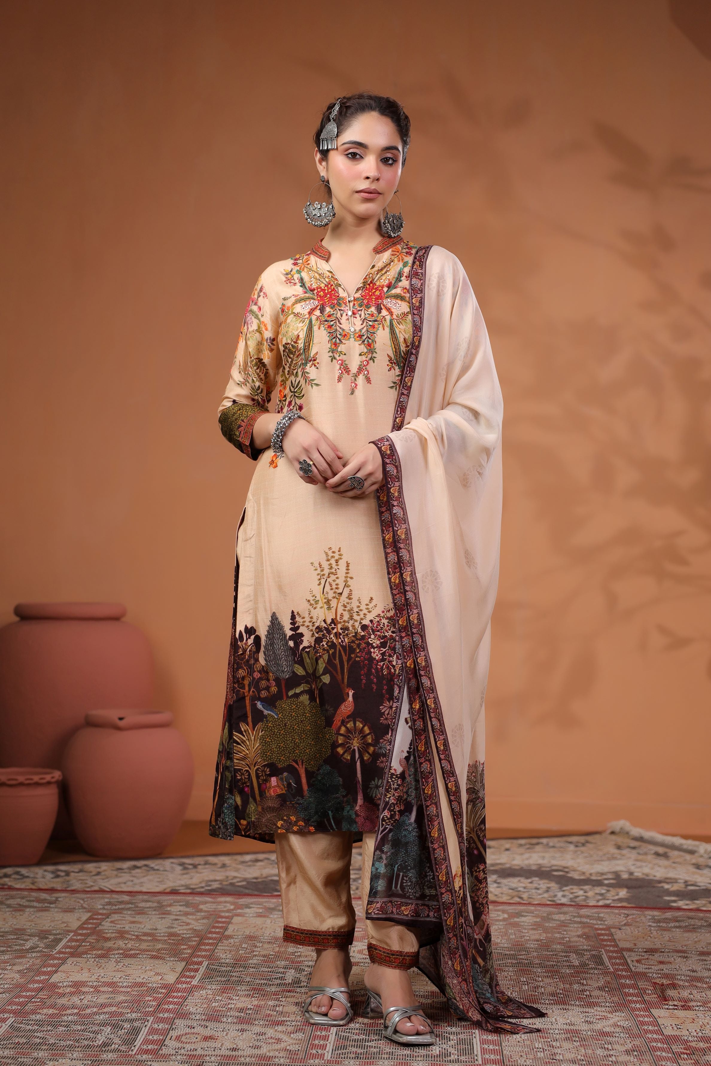 Light Beige Oriental Printed Tussar Silk Pants Set