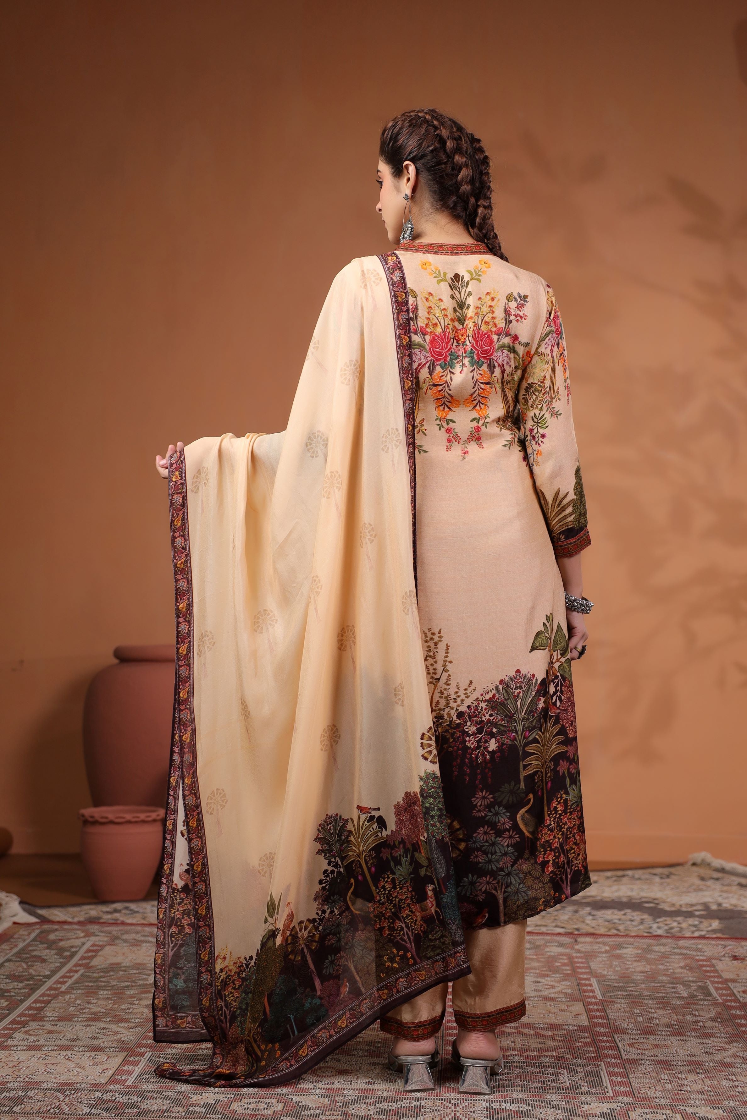 Light Beige Oriental Printed Tussar Silk Pants Set