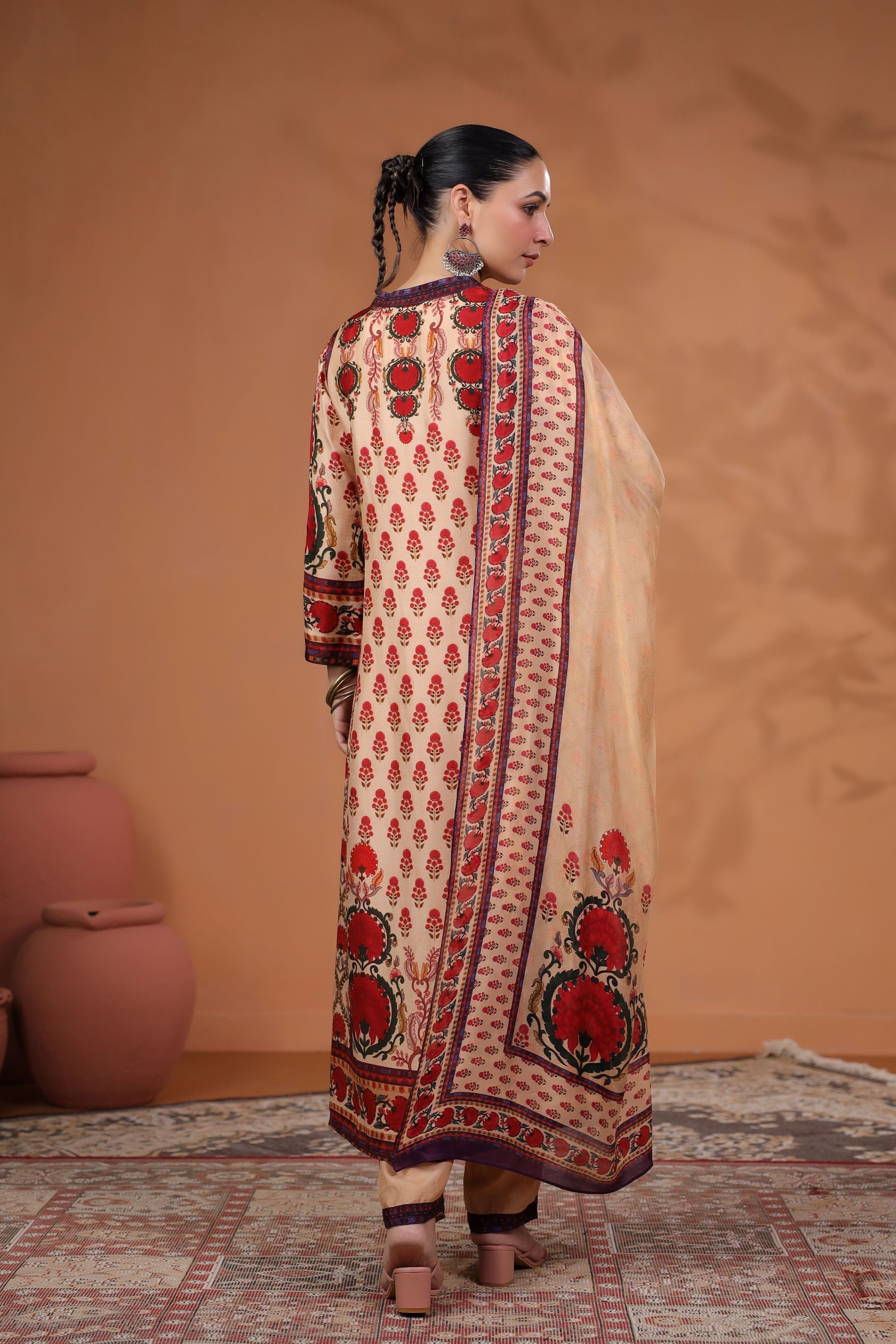 Rose Beige Traditional Printed Tussar Silk Pants Set