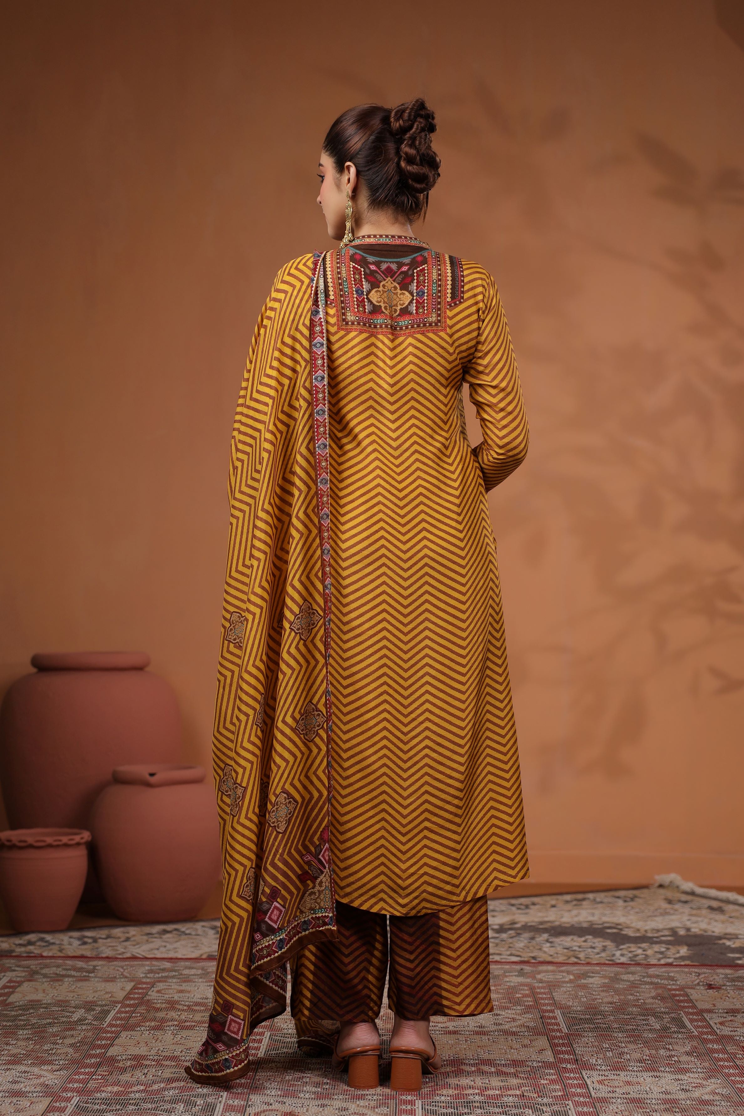 Mustard Stripe Printed Tussar Silk Kurta Set