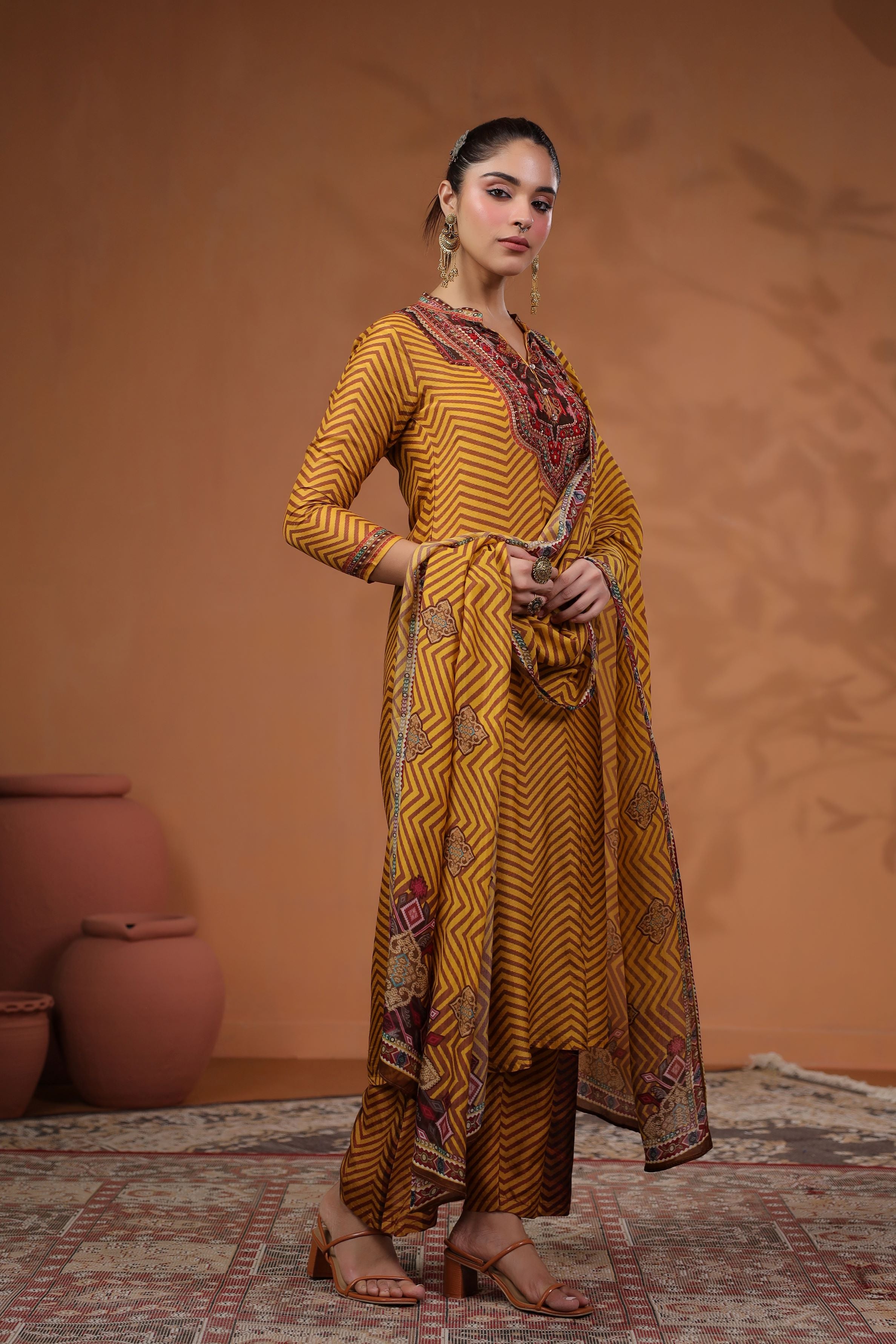 Mustard Stripe Printed Tussar Silk Kurta Set