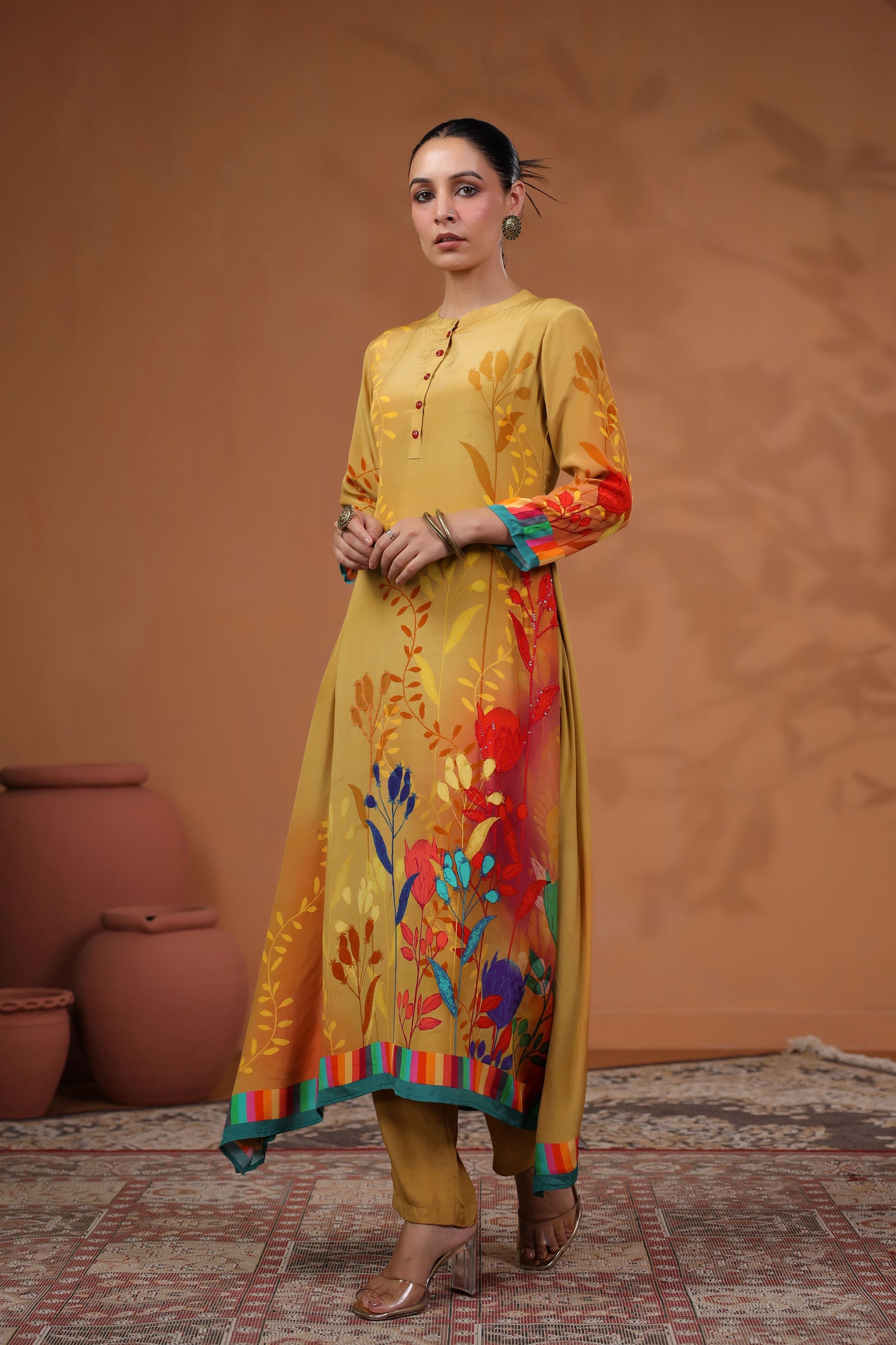 Mustard Floral Printed Muslin Silk Kurta Set