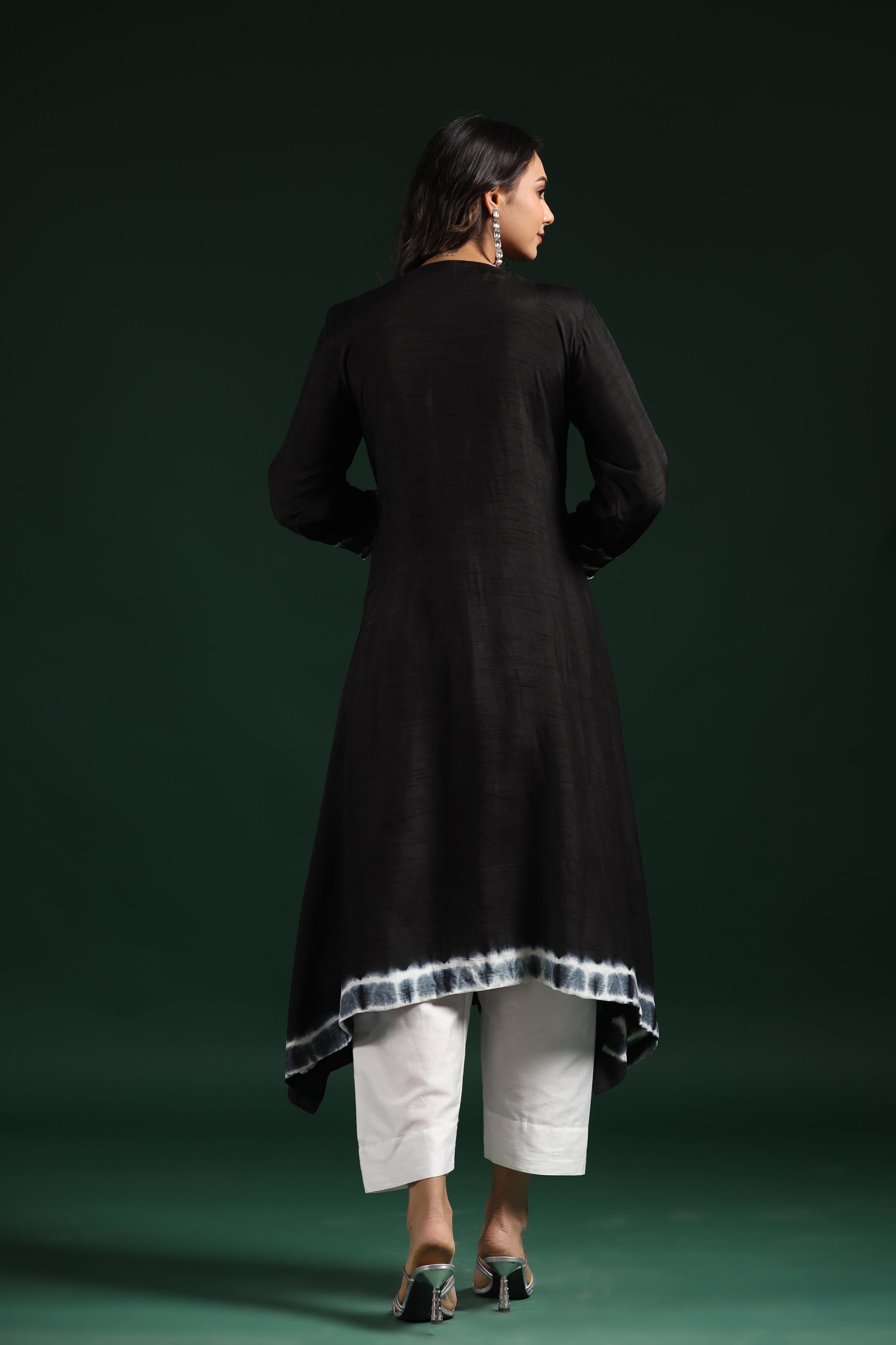 Black Tie Dye Raw Silk Kurta & Pants Set