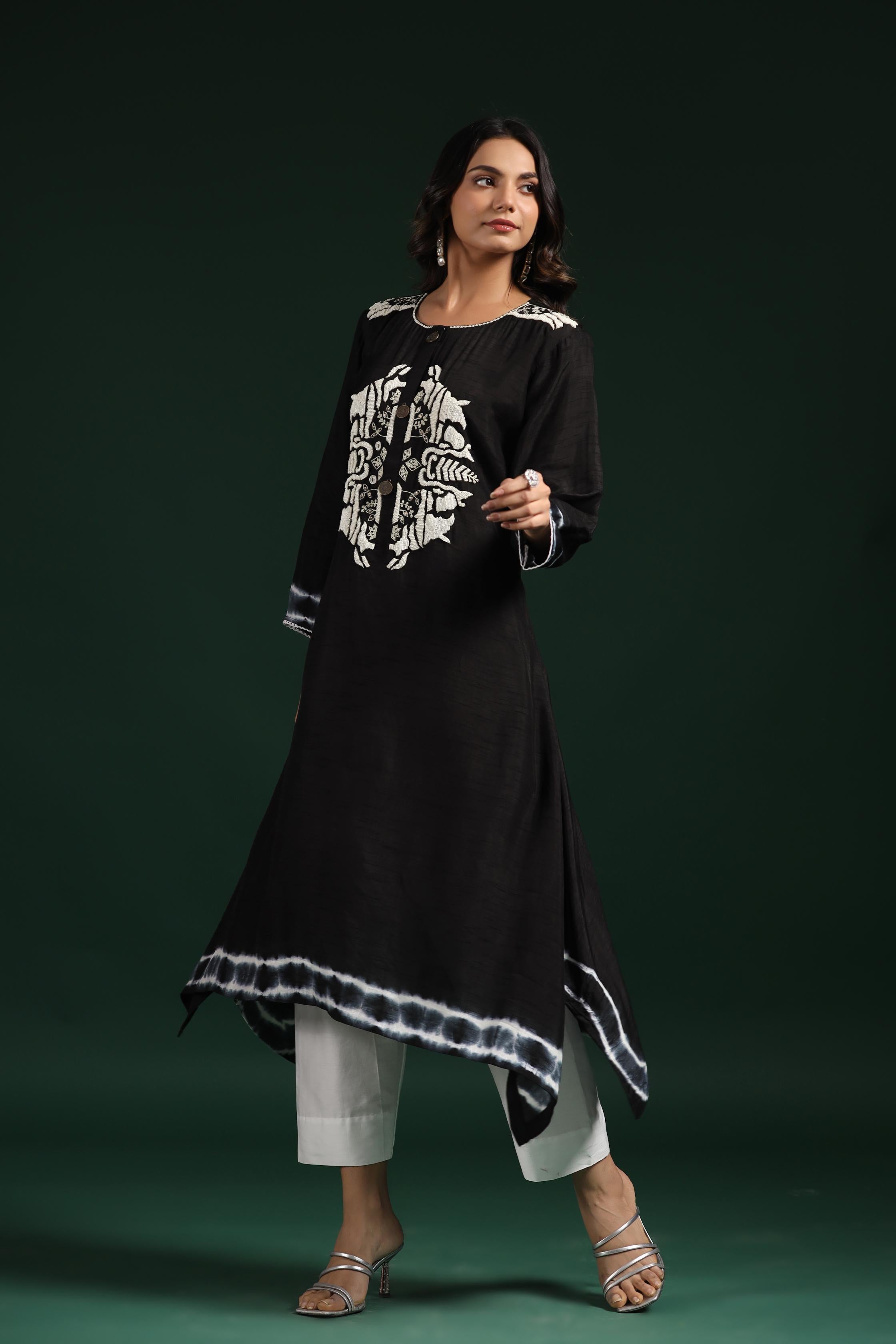 Black Tie Dye Raw Silk Kurta & Pants Set