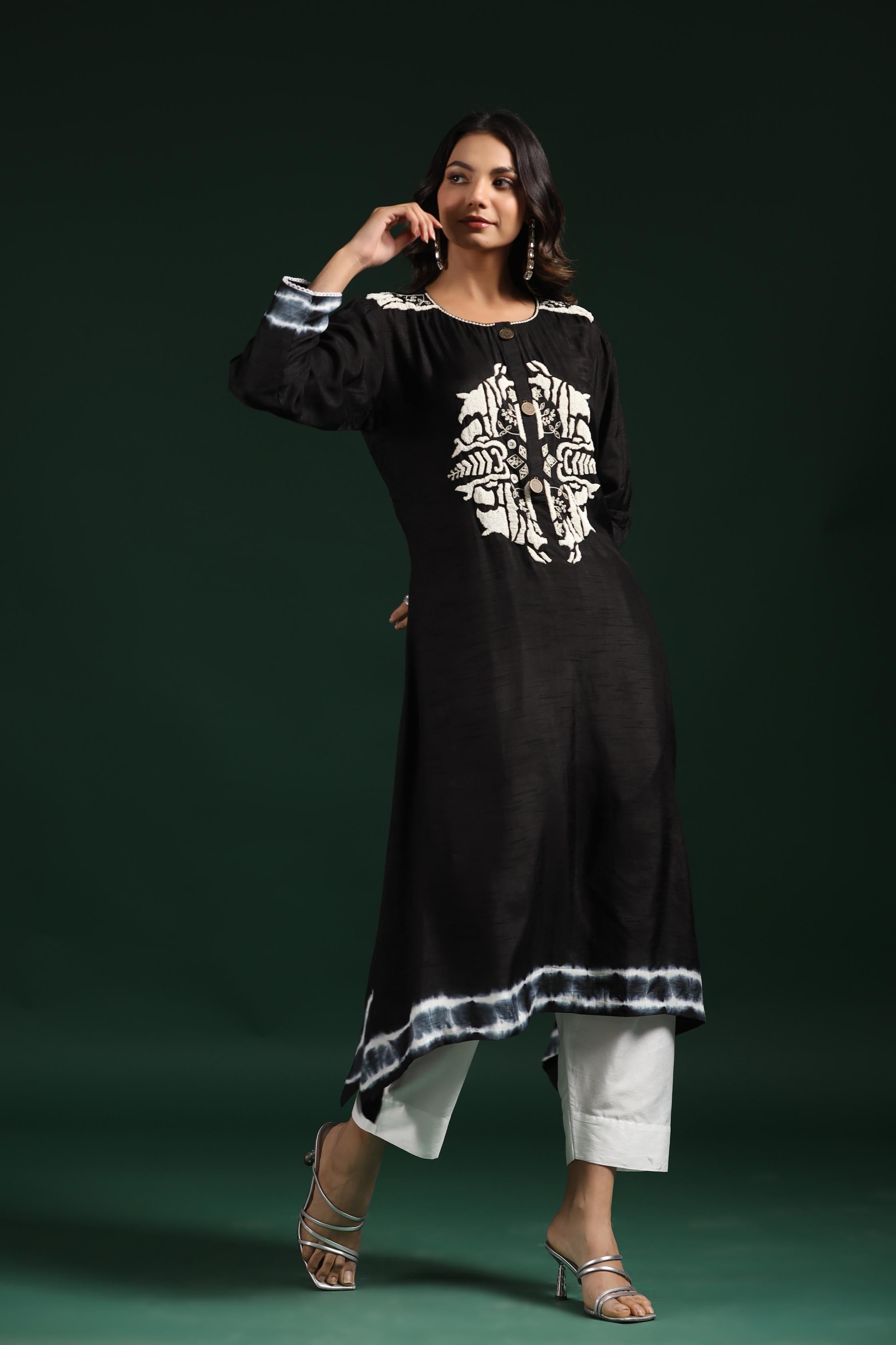 Black Tie Dye Raw Silk Kurta & Pants Set