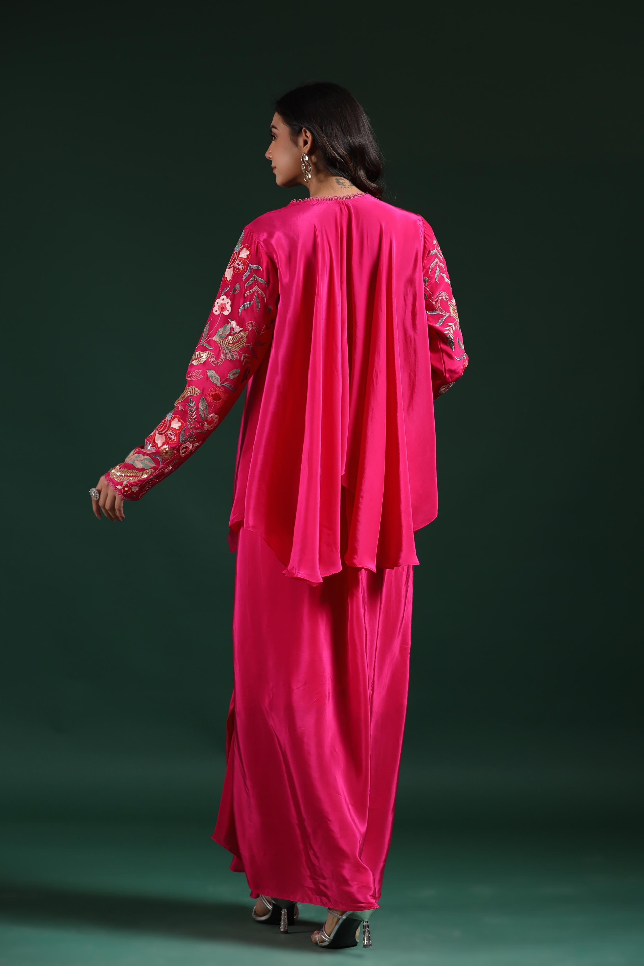 Ruby Pink Embroidered Satin Silk Skirt Set