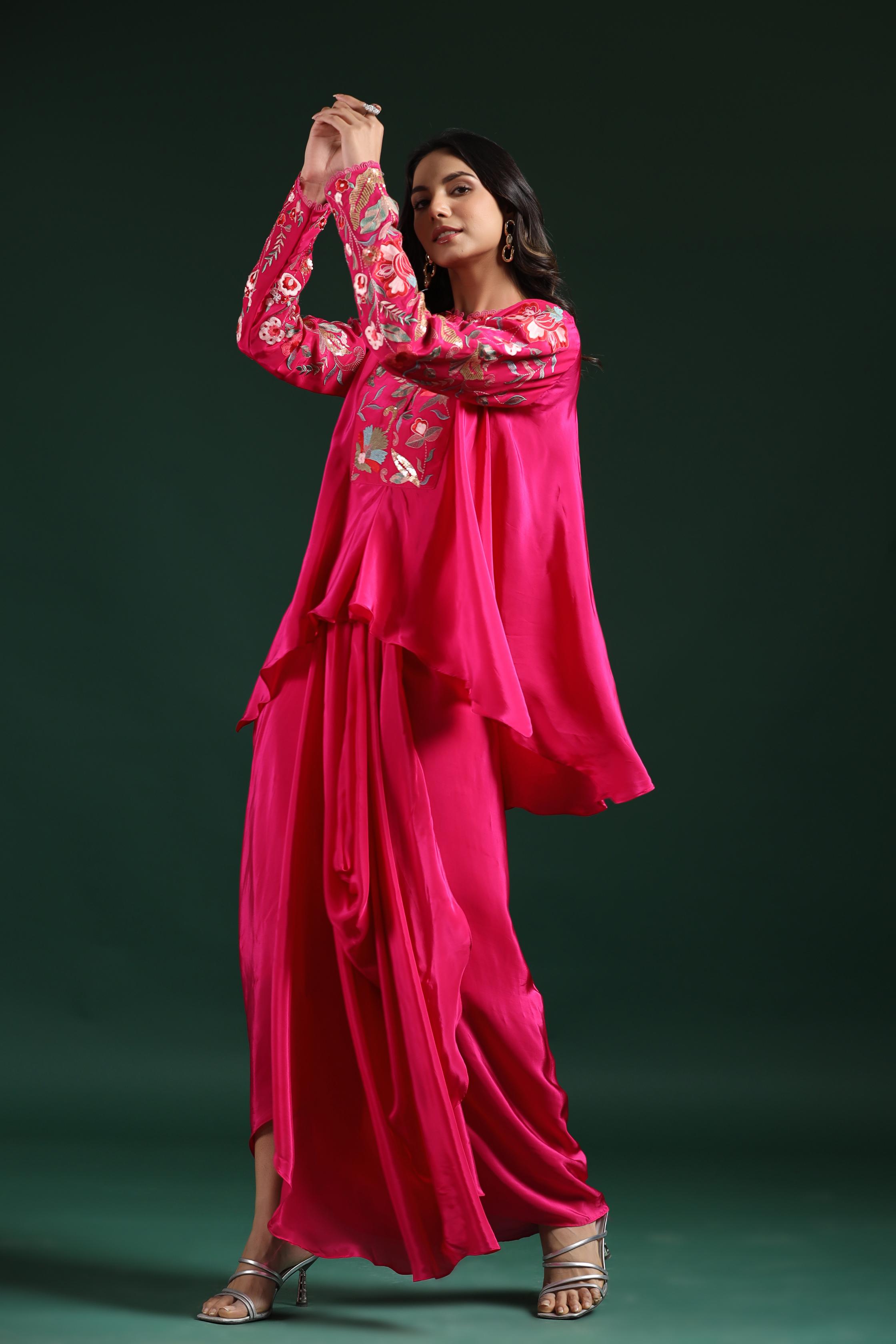 Ruby Pink Embroidered Satin Silk Skirt Set