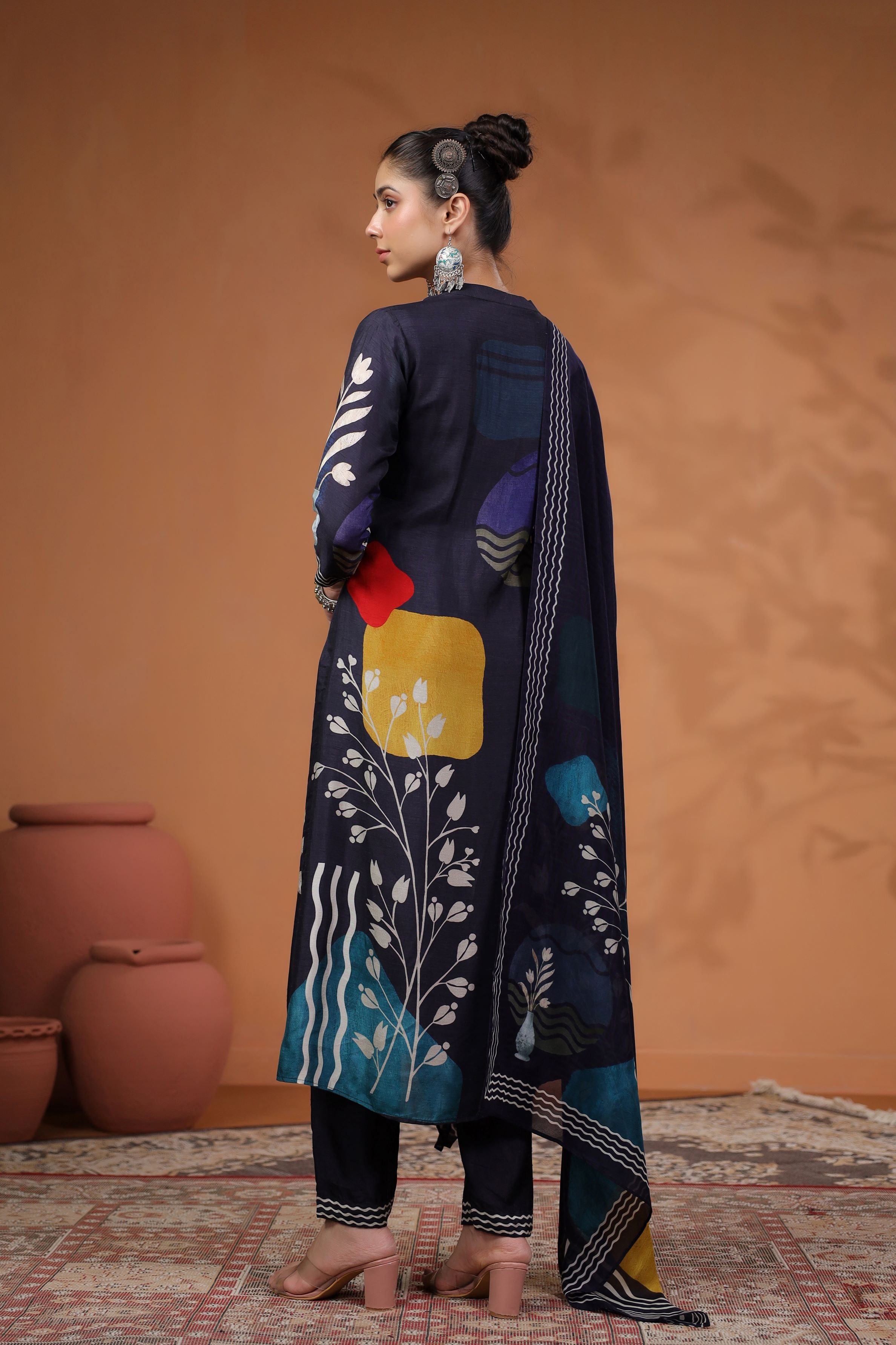 Blue Traditional Printed Tussar Silk Pants Set