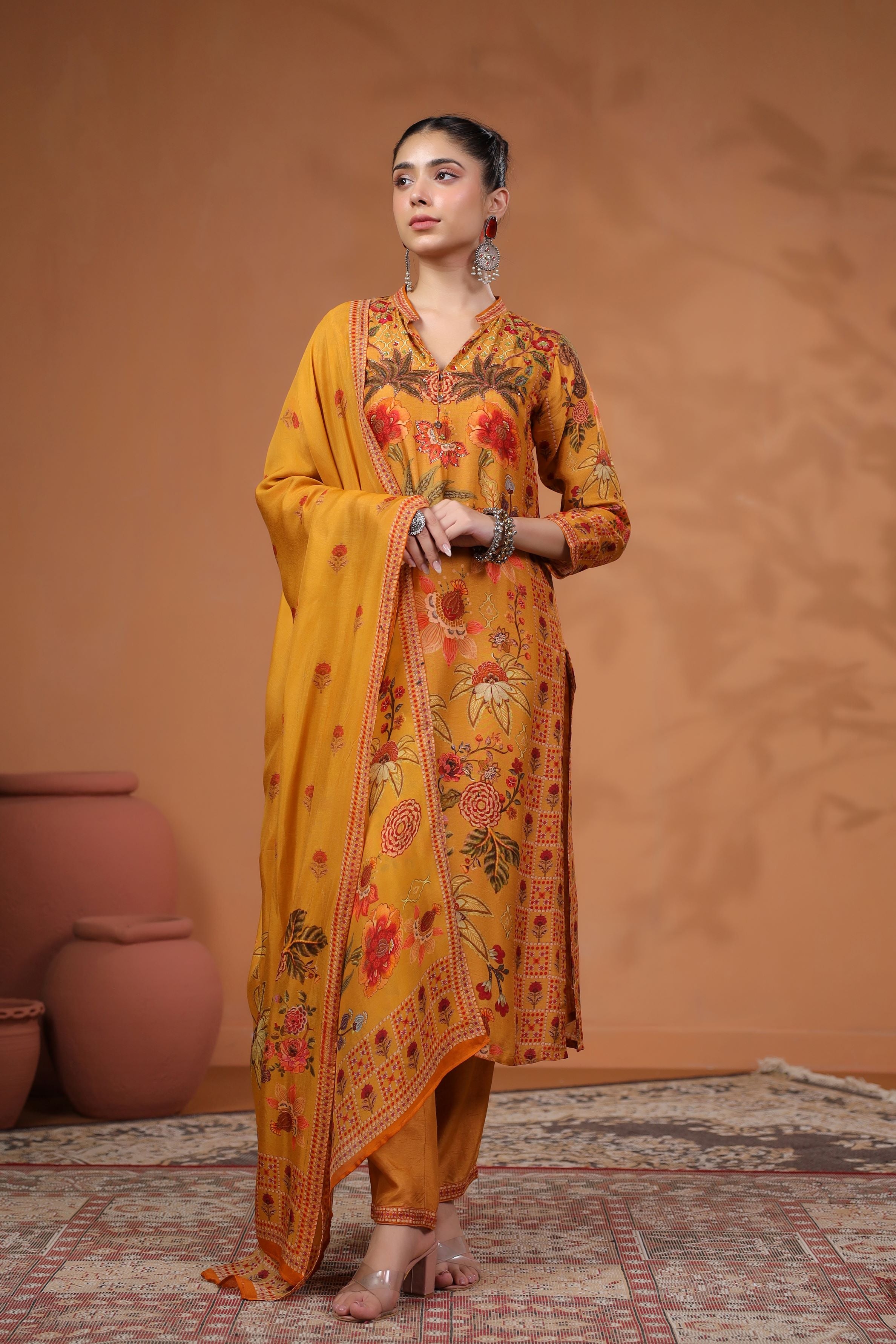 Mustard Traditional Printed Tussar Silk Pants Set