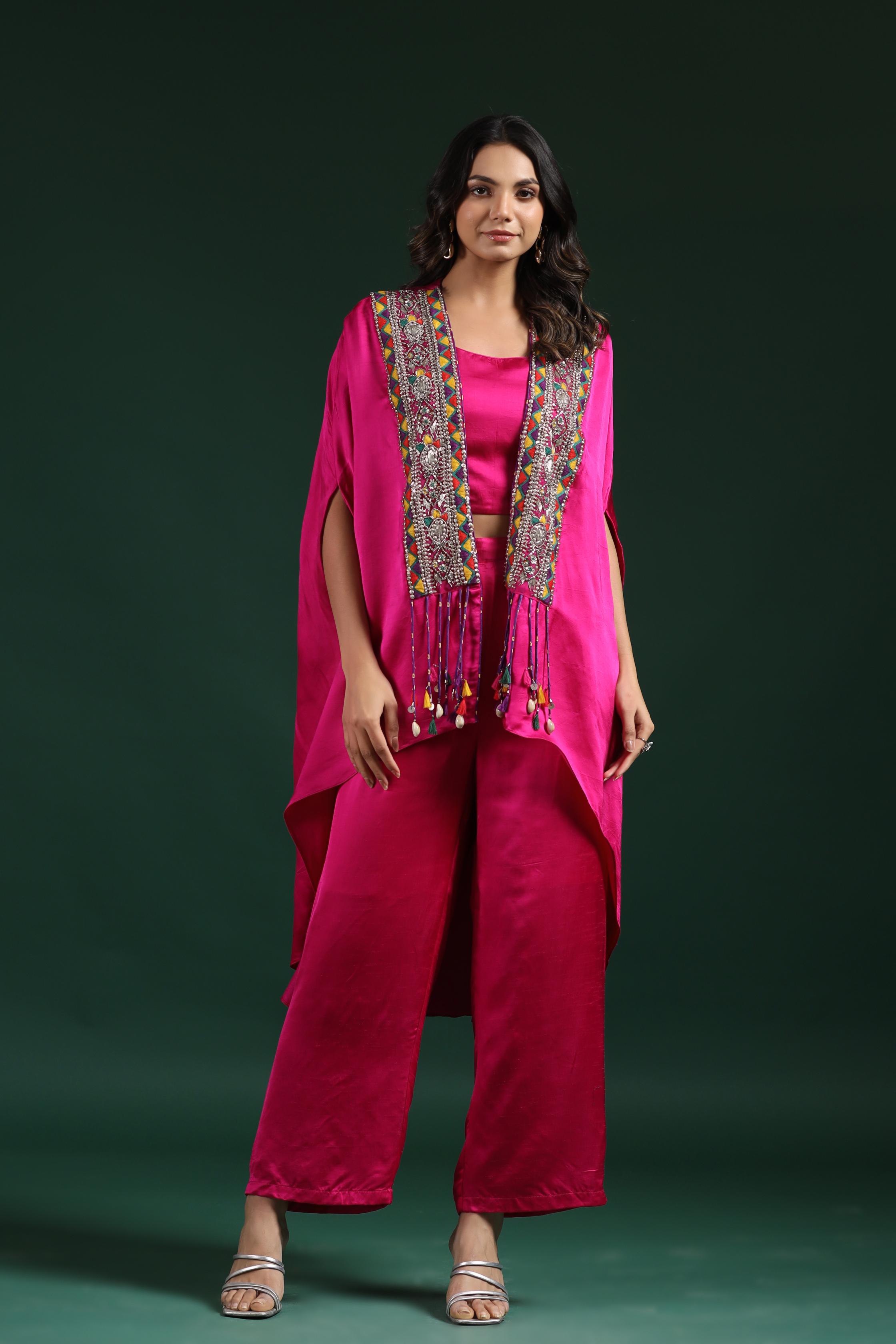 Bright Pink Embroidered Satin Silk Cape Set