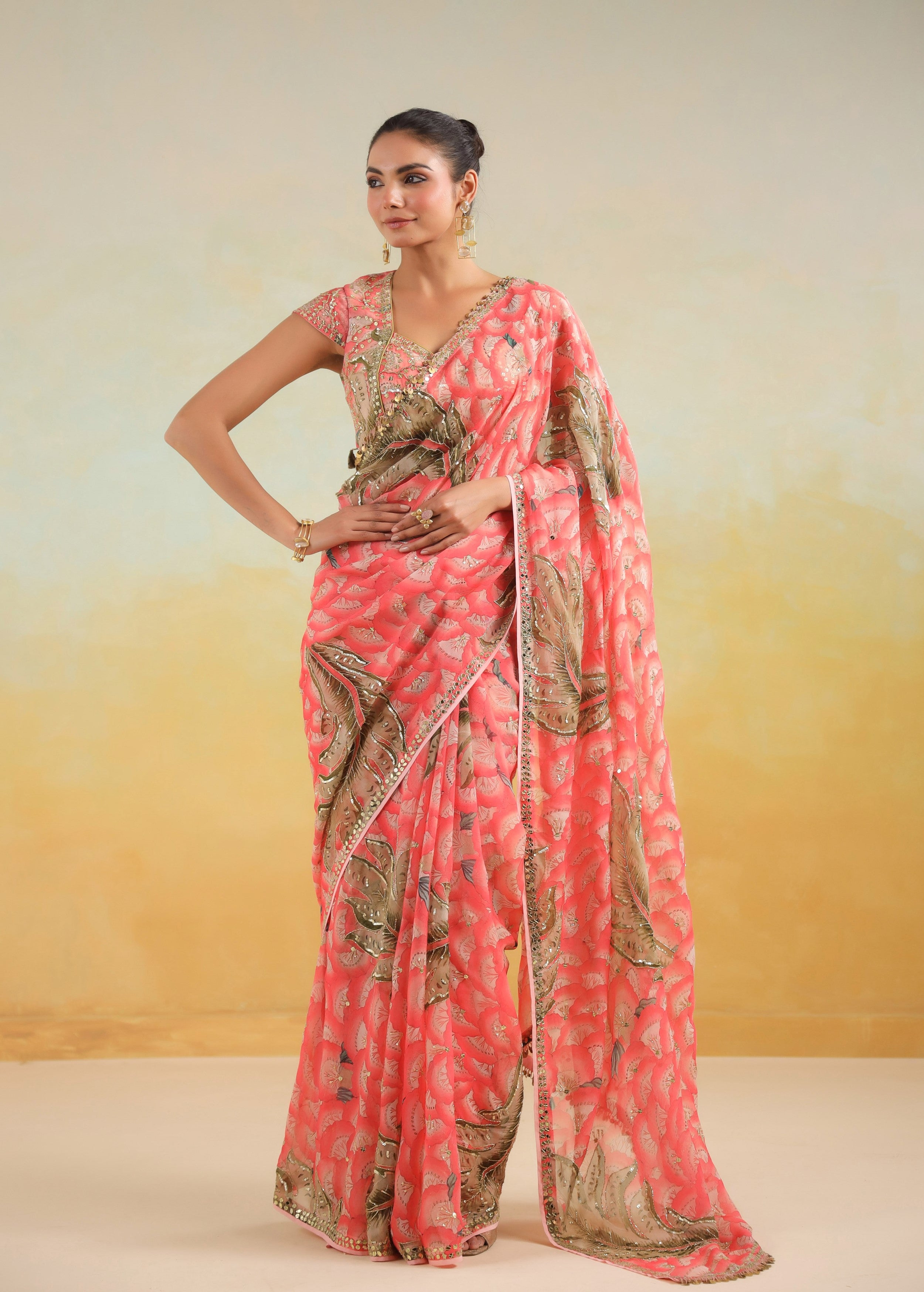 Salmon Pink Floral Printed Chinon Silk Saree