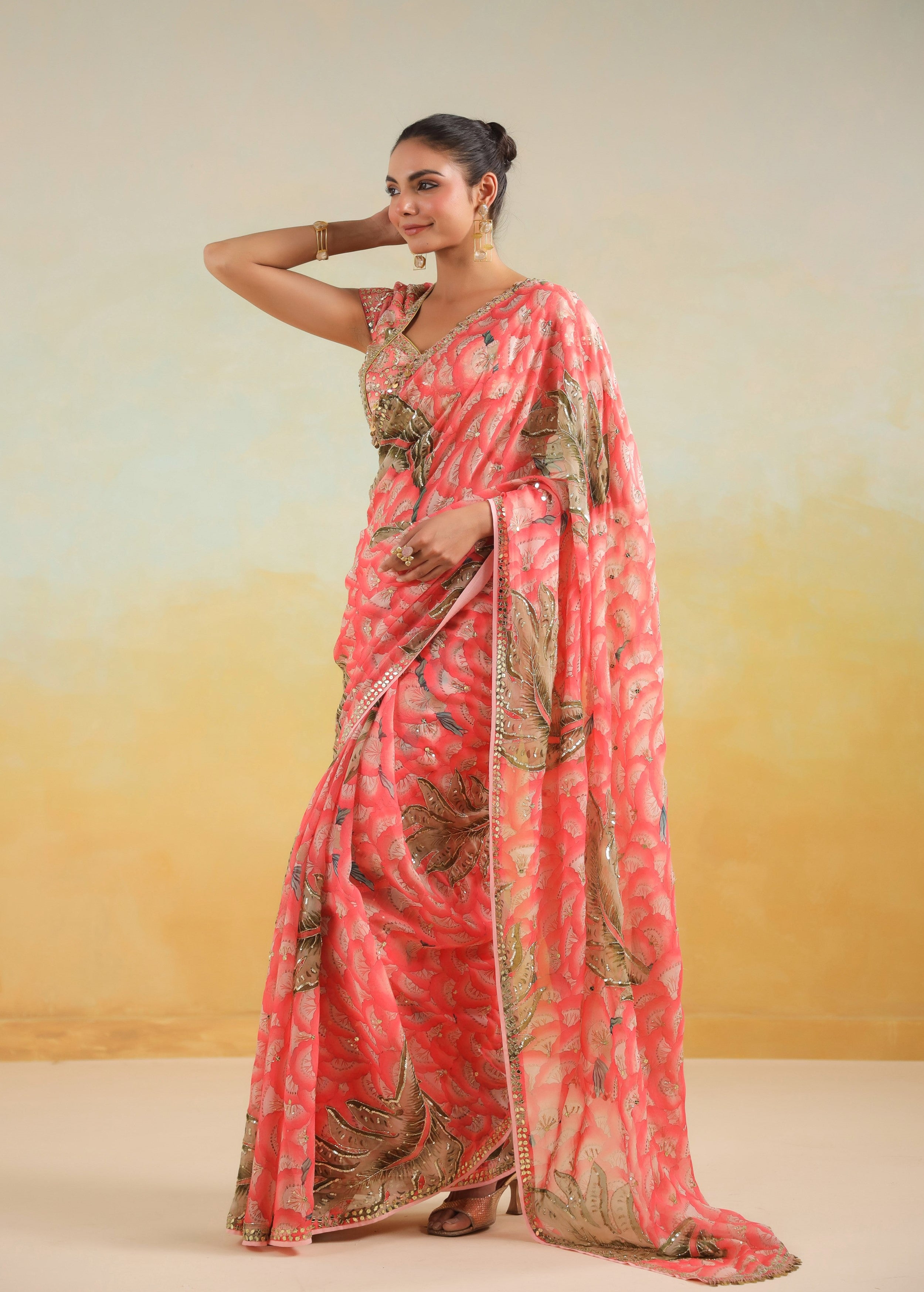Salmon Pink Floral Printed Chinon Silk Saree