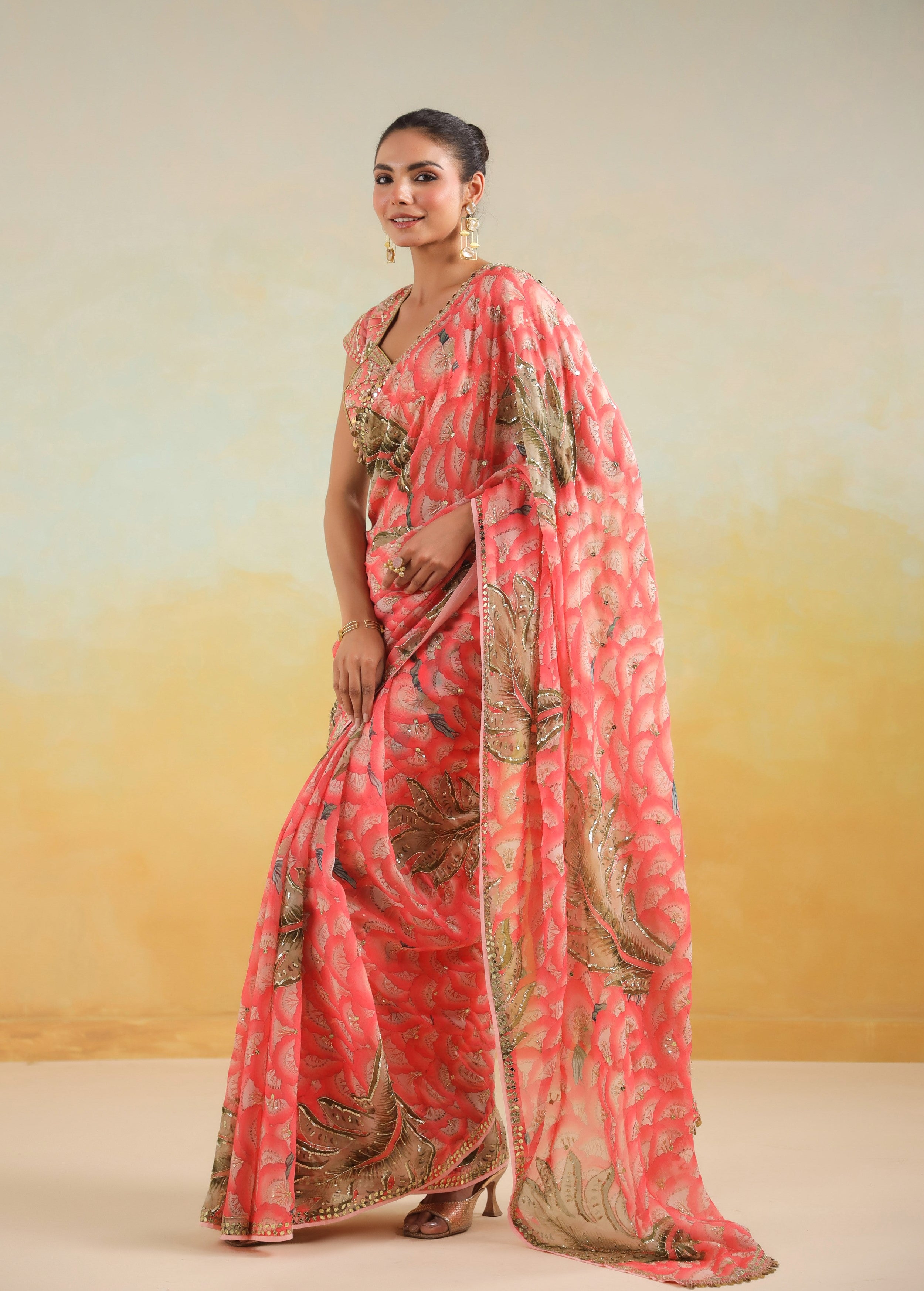 Salmon Pink Floral Printed Chinon Silk Saree
