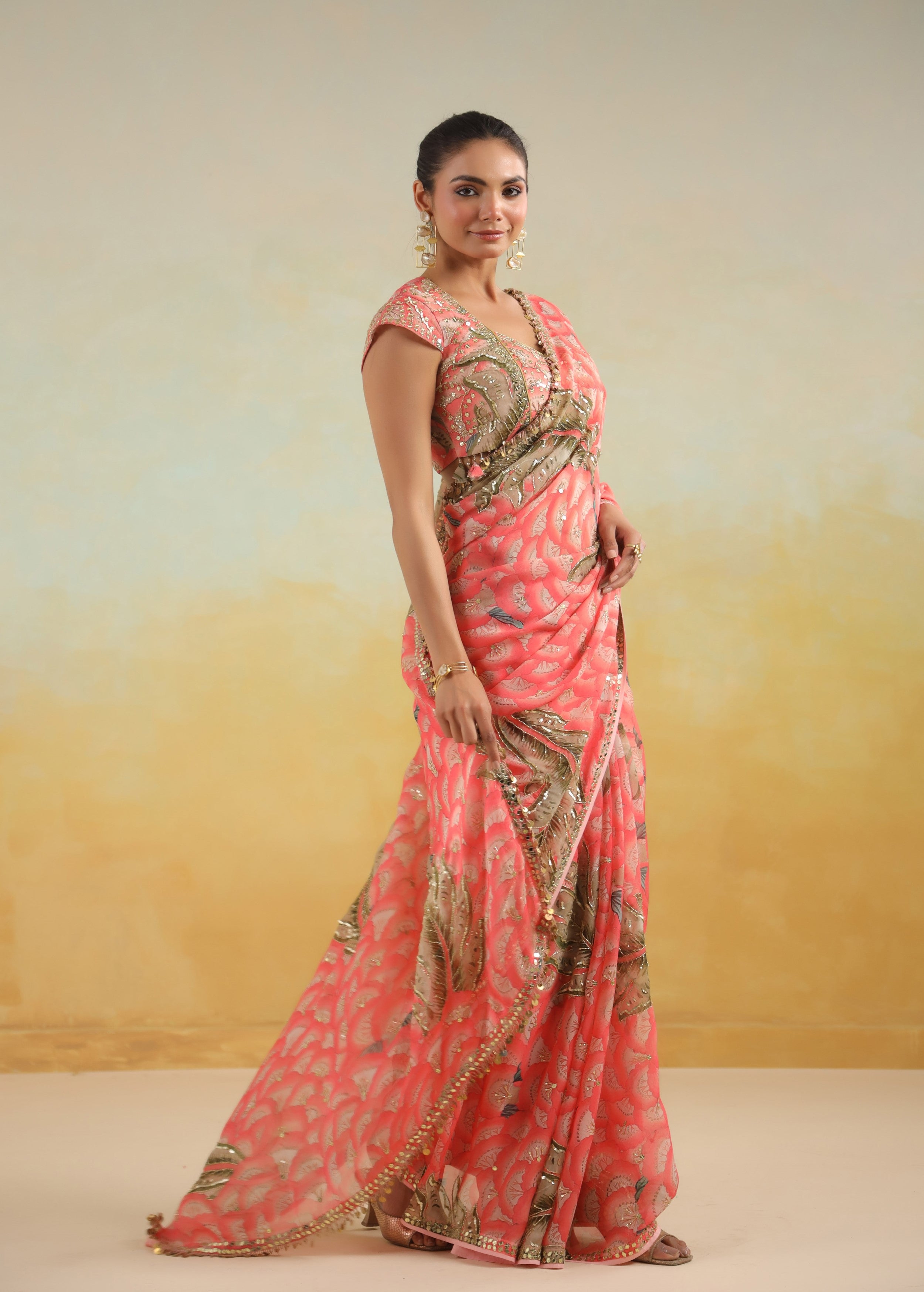 Salmon Pink Floral Printed Chinon Silk Saree
