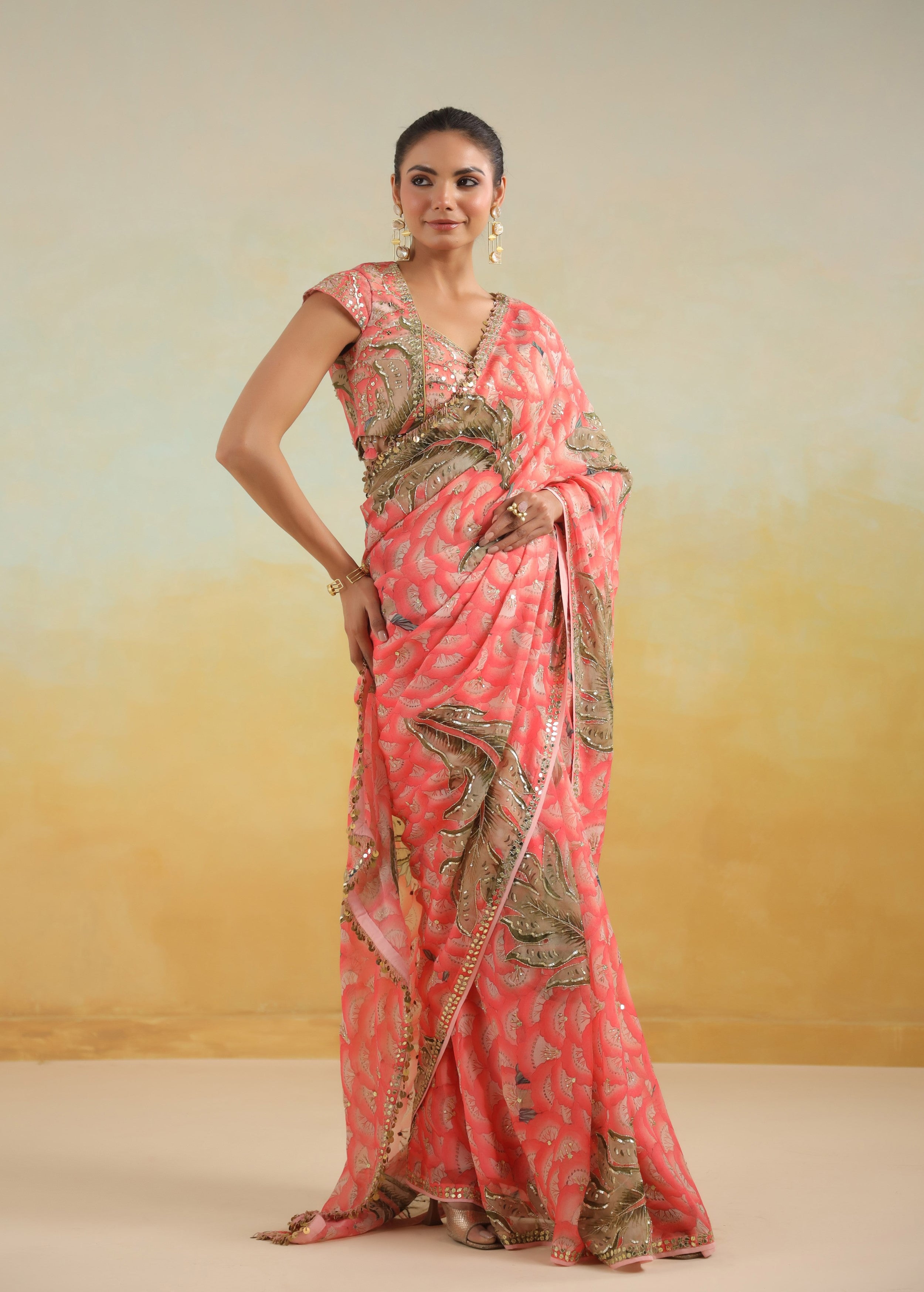 Salmon Pink Floral Printed Chinon Silk Saree