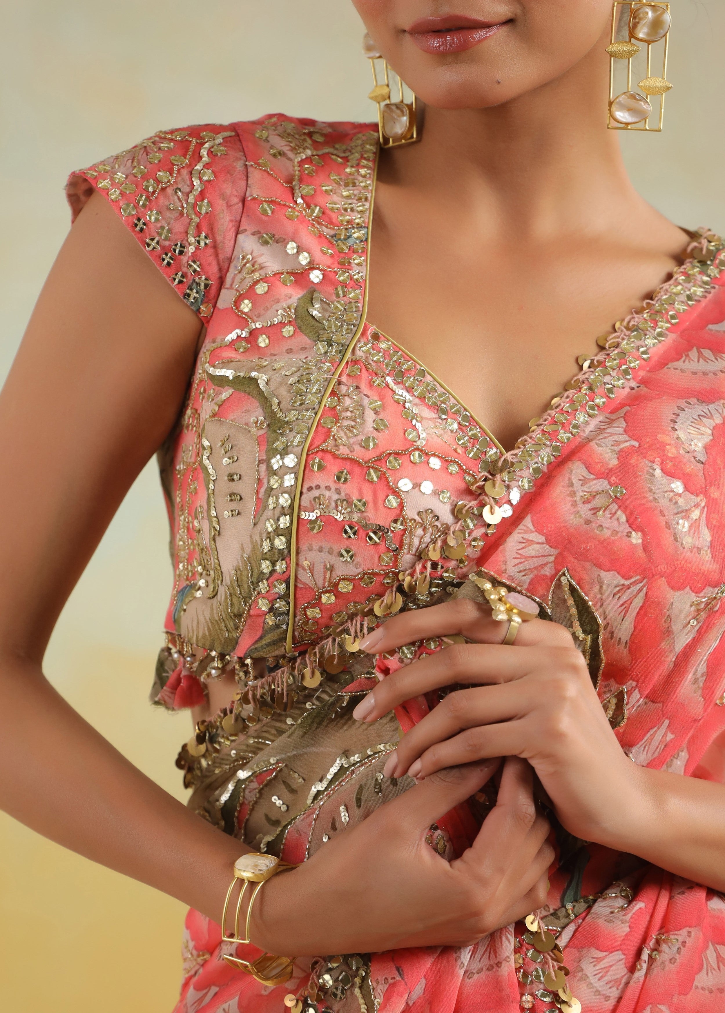 Salmon Pink Floral Printed Chinon Silk Saree