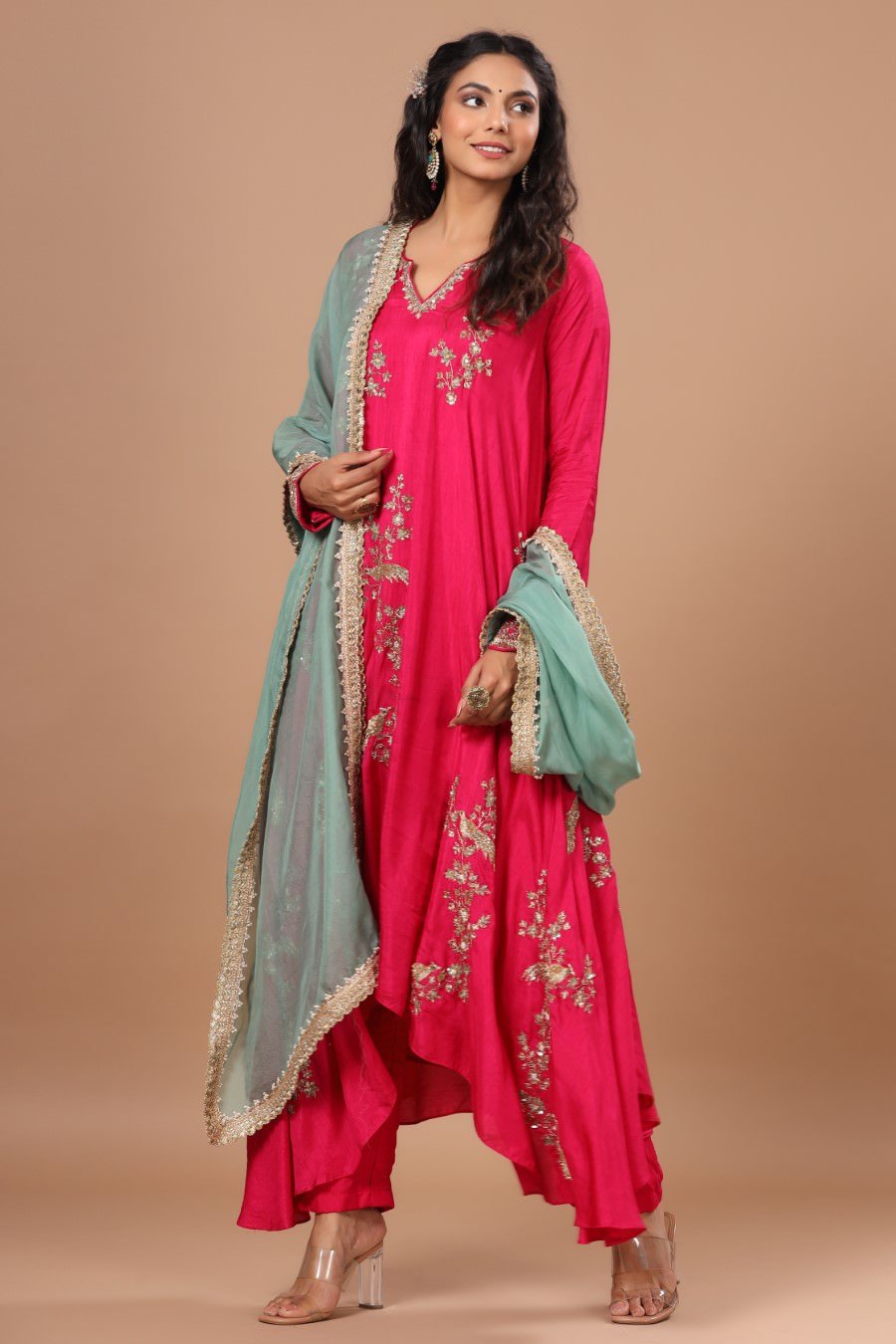 Festive Rani Pink Russian Silk Embellished Kurta Pant Set With Dupatta