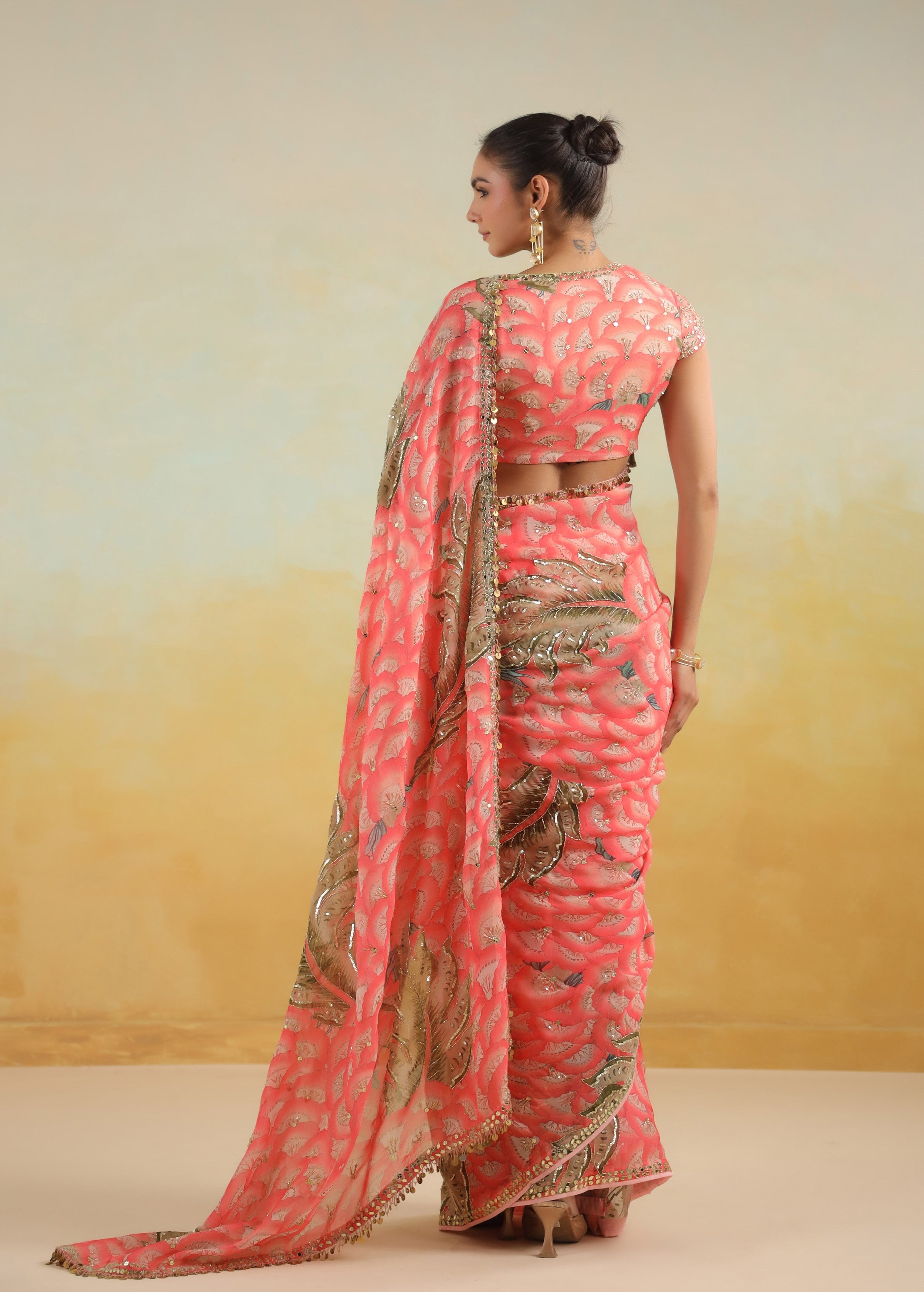 Salmon Pink Floral Printed Chinon Silk Saree