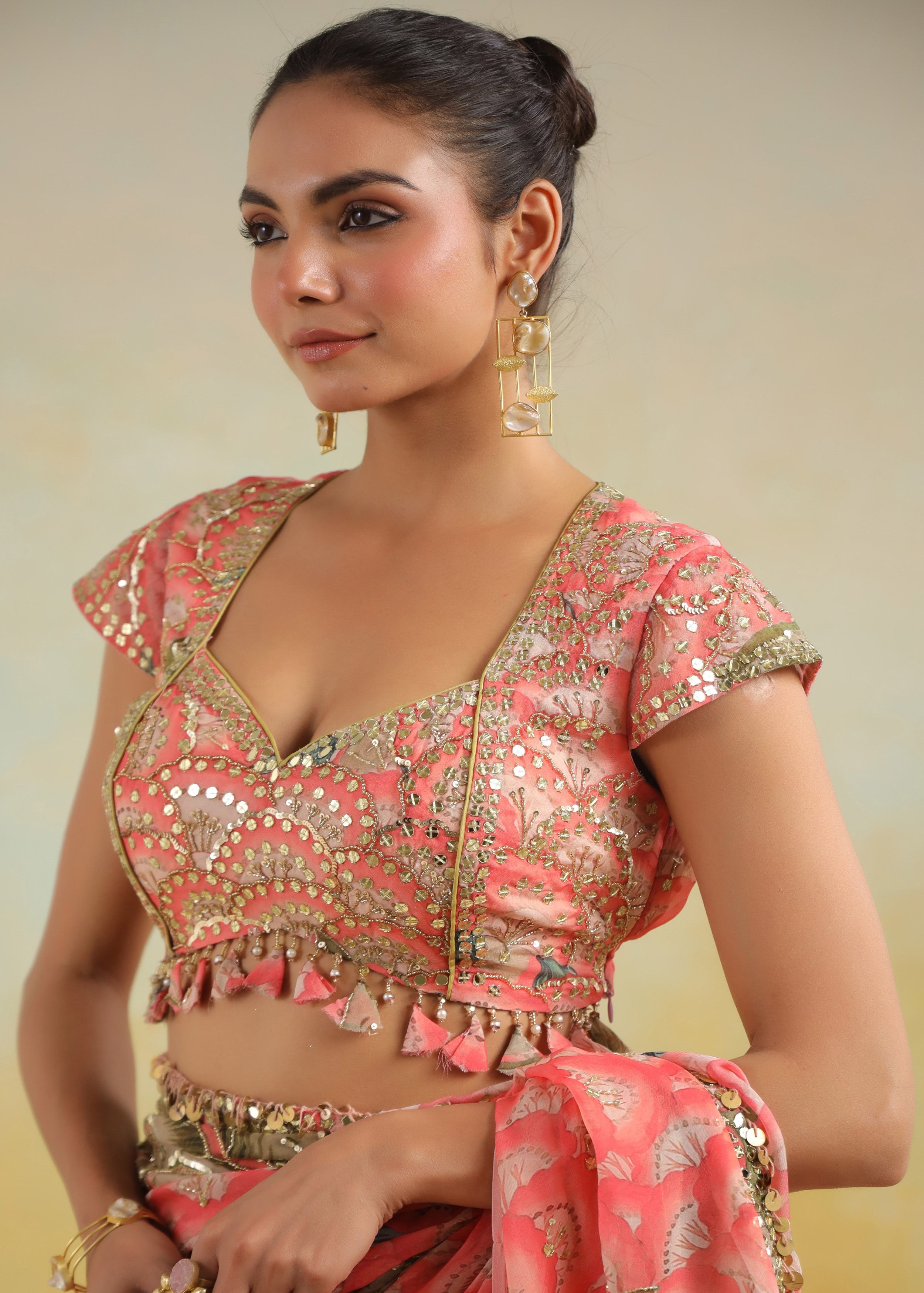 Salmon Pink Floral Printed Chinon Silk Saree