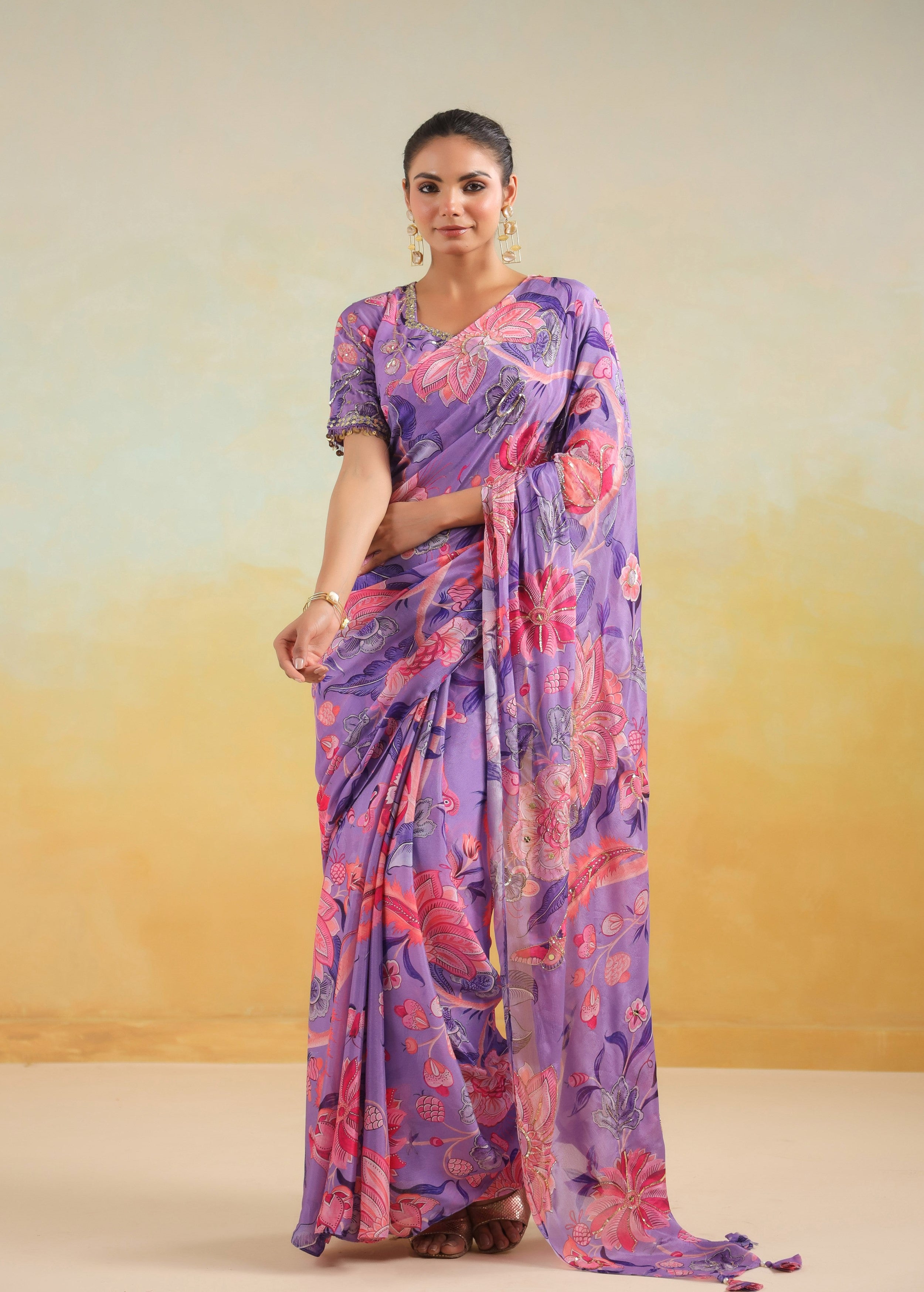Lavender Printed Chinon Silk Saree