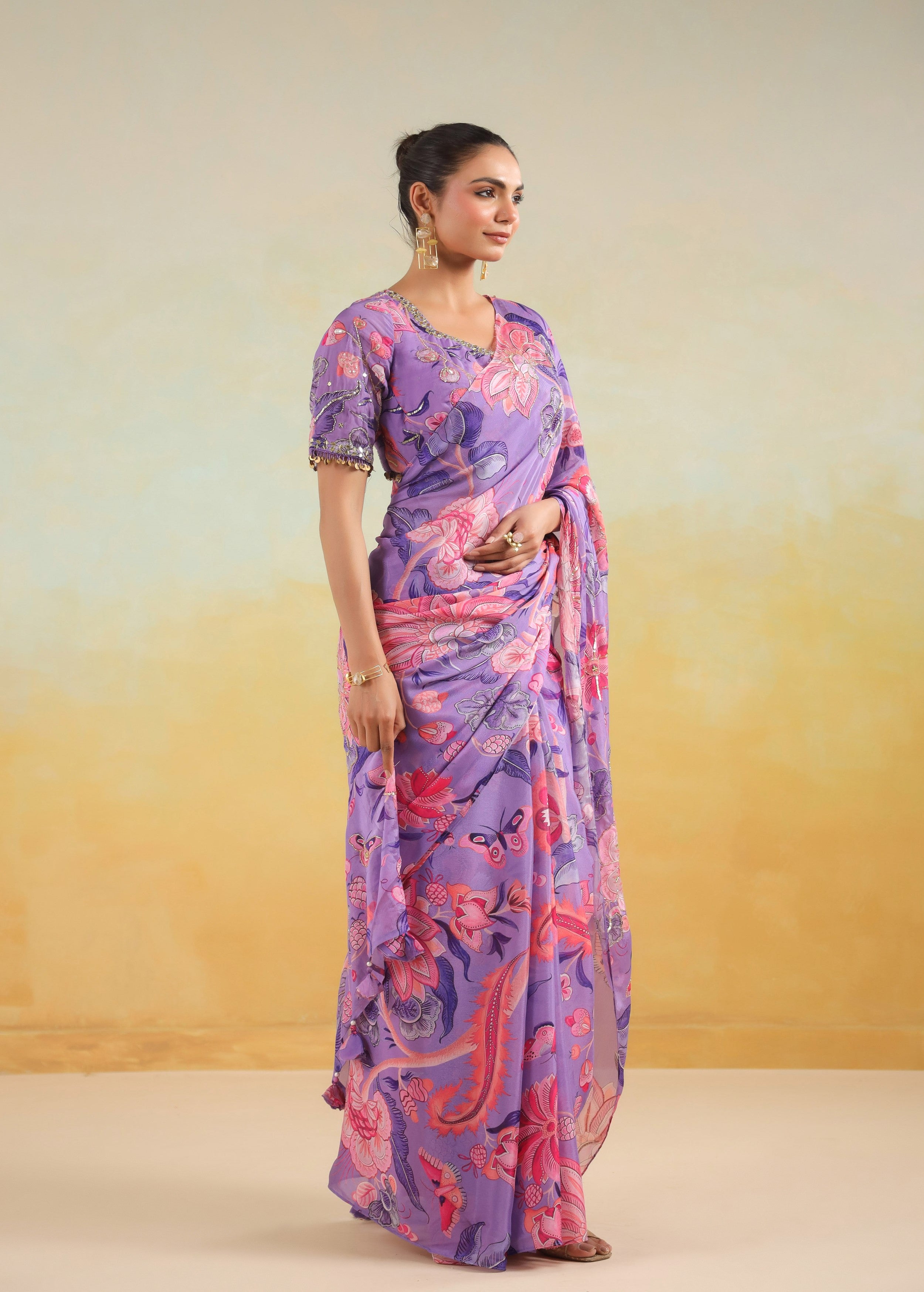 Lavender Printed Chinon Silk Saree