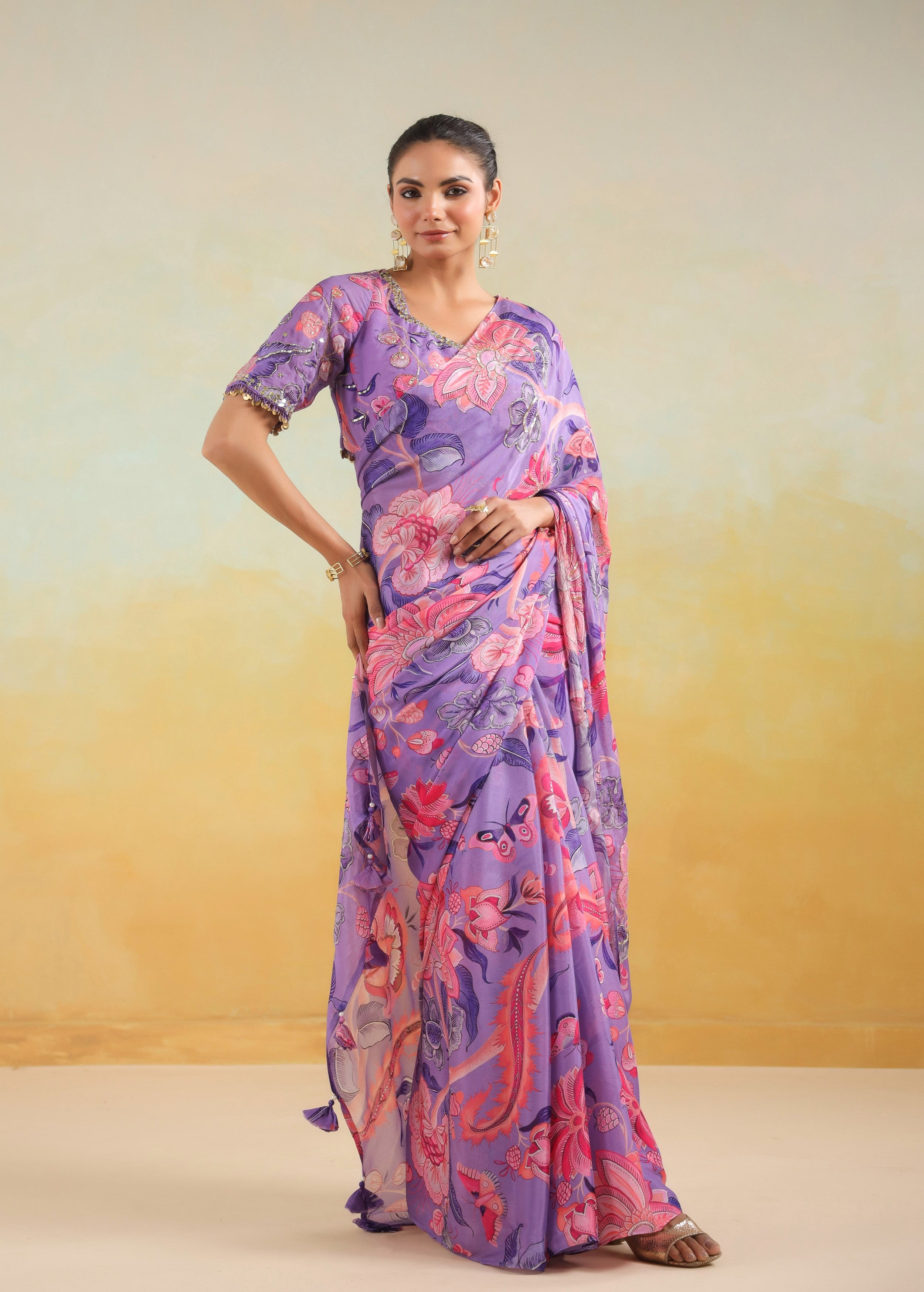 Lavender Printed Chinon Silk Saree