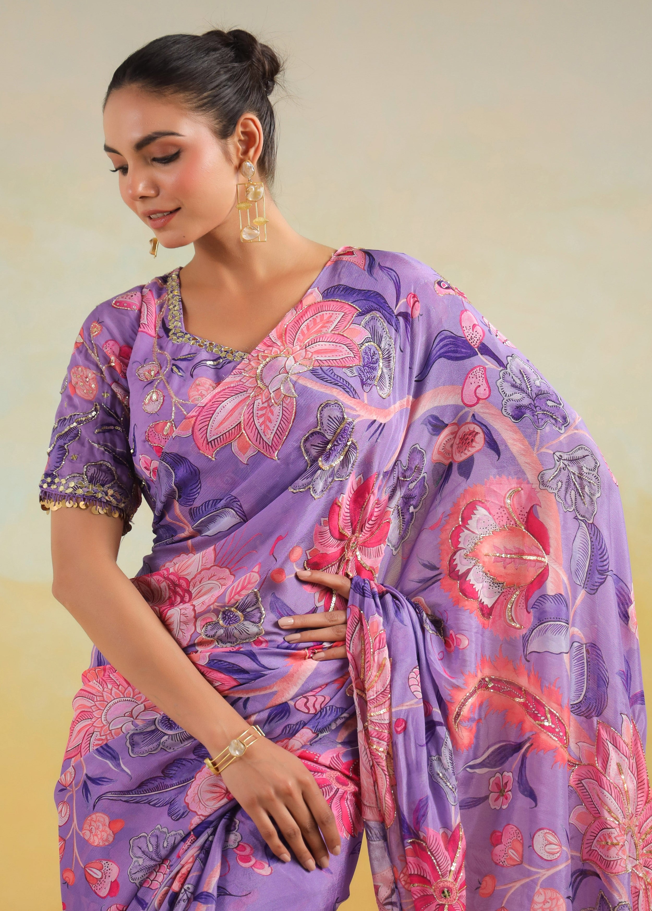 Lavender Printed Chinon Silk Saree