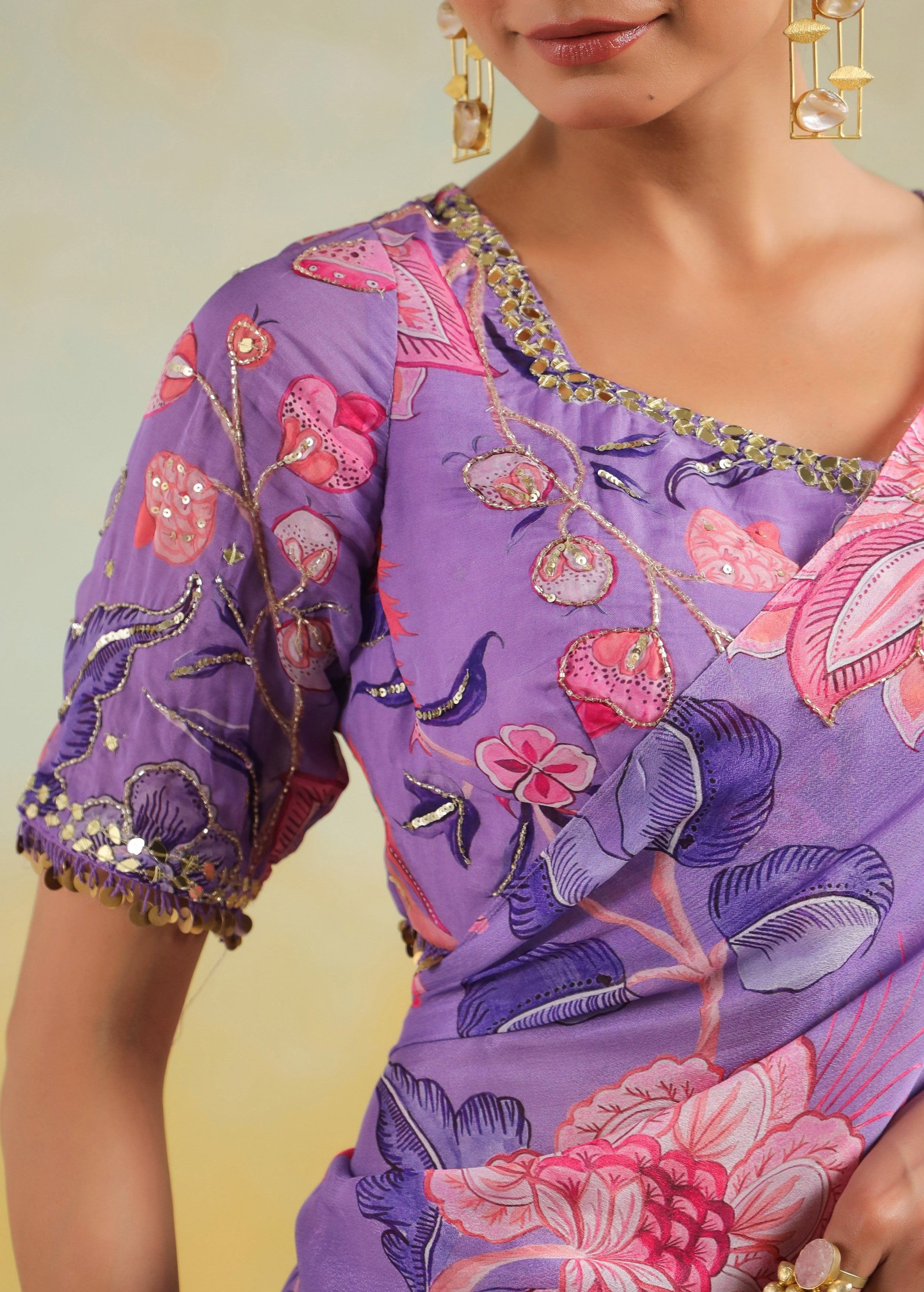 Lavender Printed Chinon Silk Saree