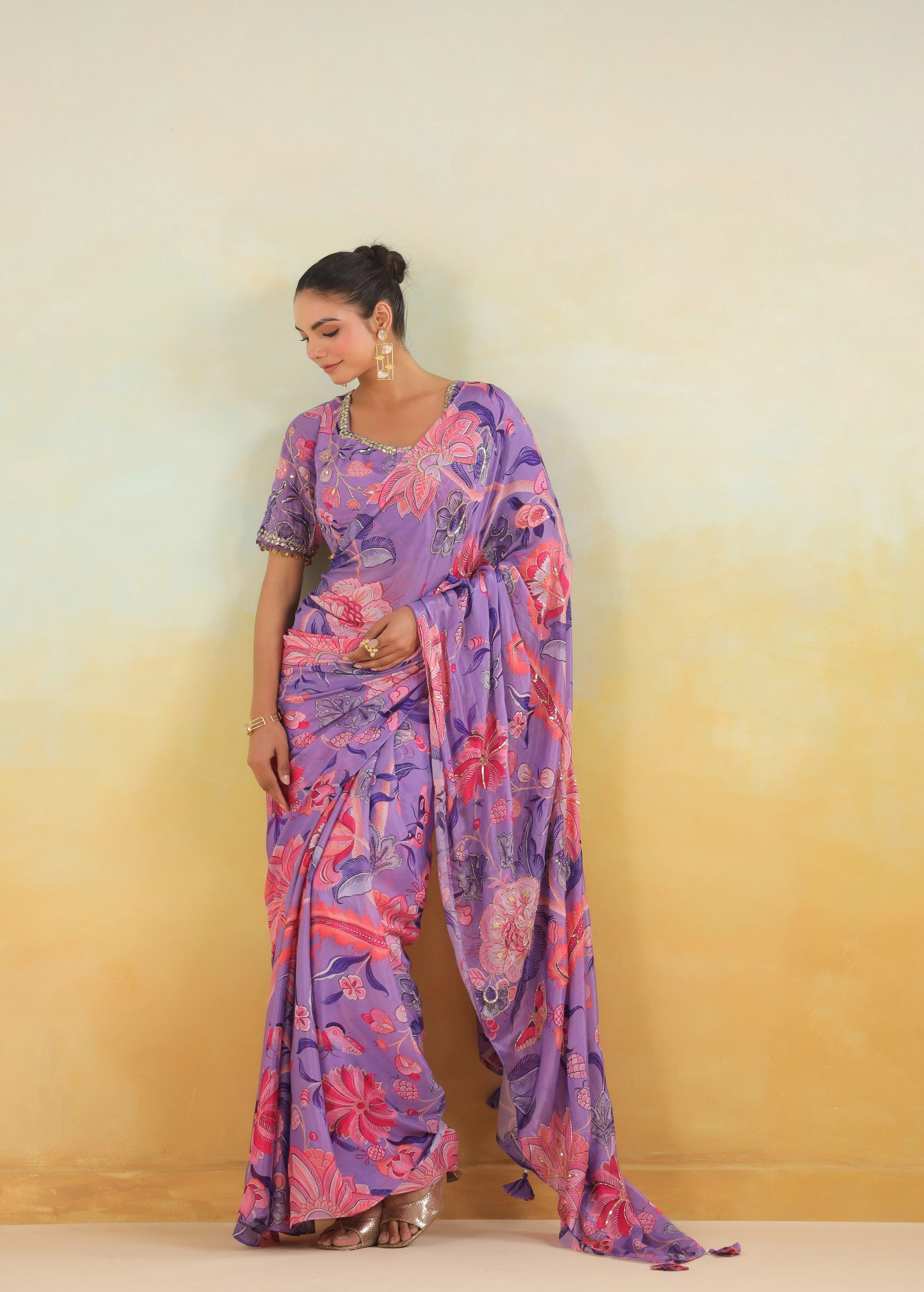 Lavender Printed Chinon Silk Saree