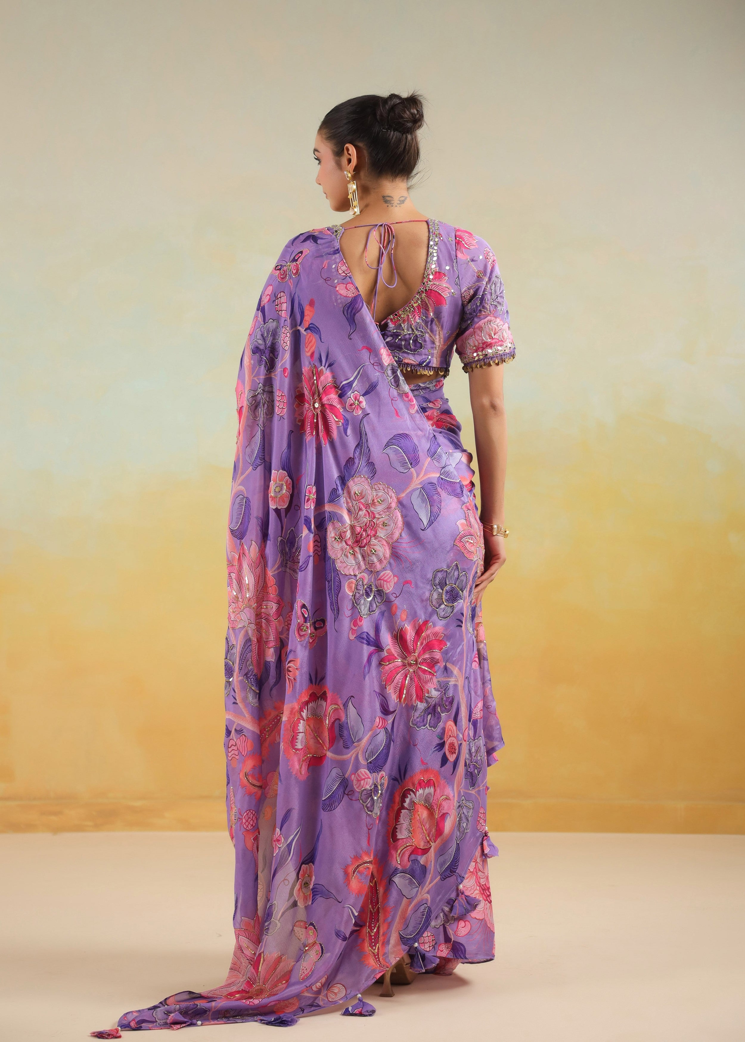 Lavender Printed Chinon Silk Saree