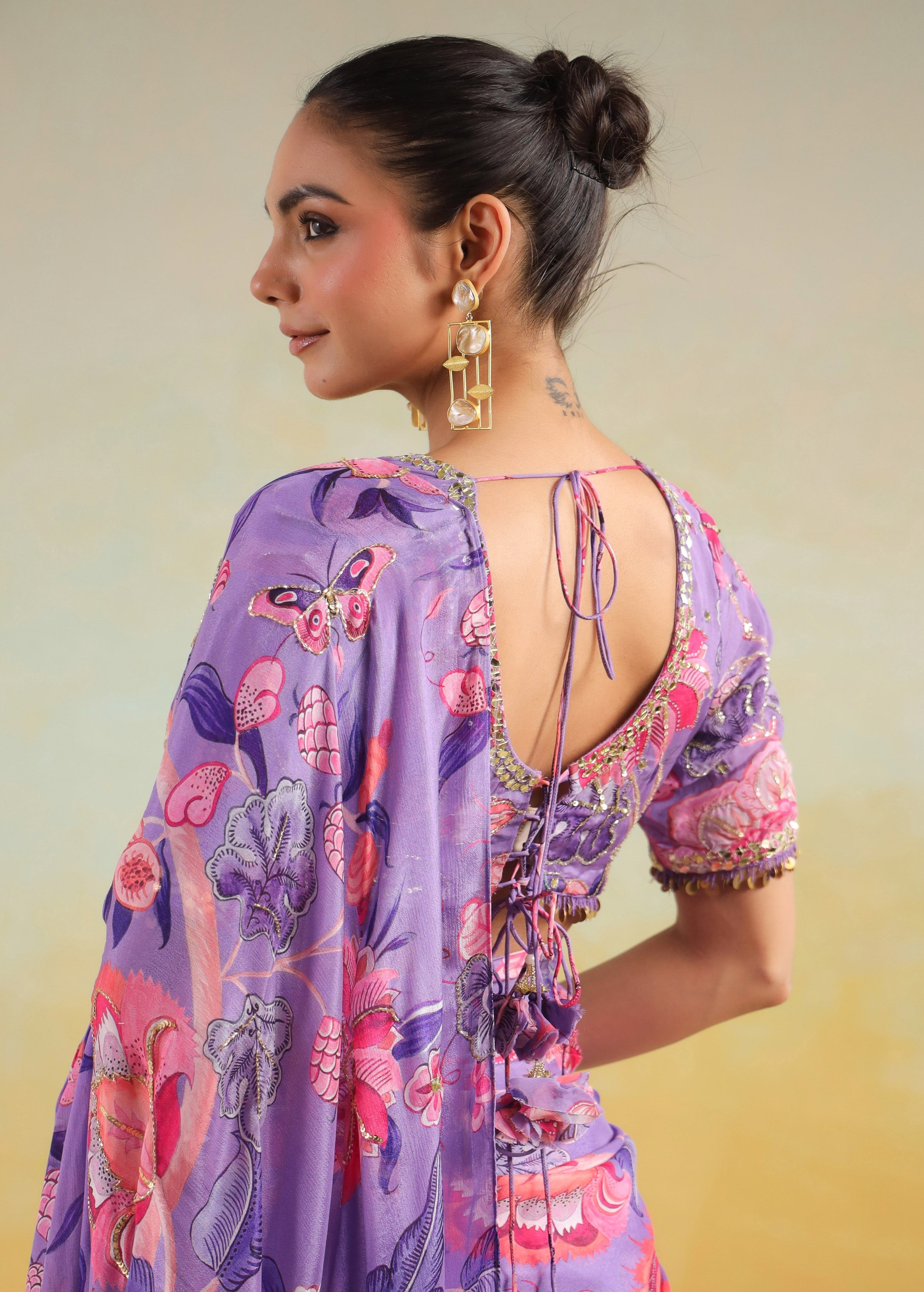 Lavender Printed Chinon Silk Saree