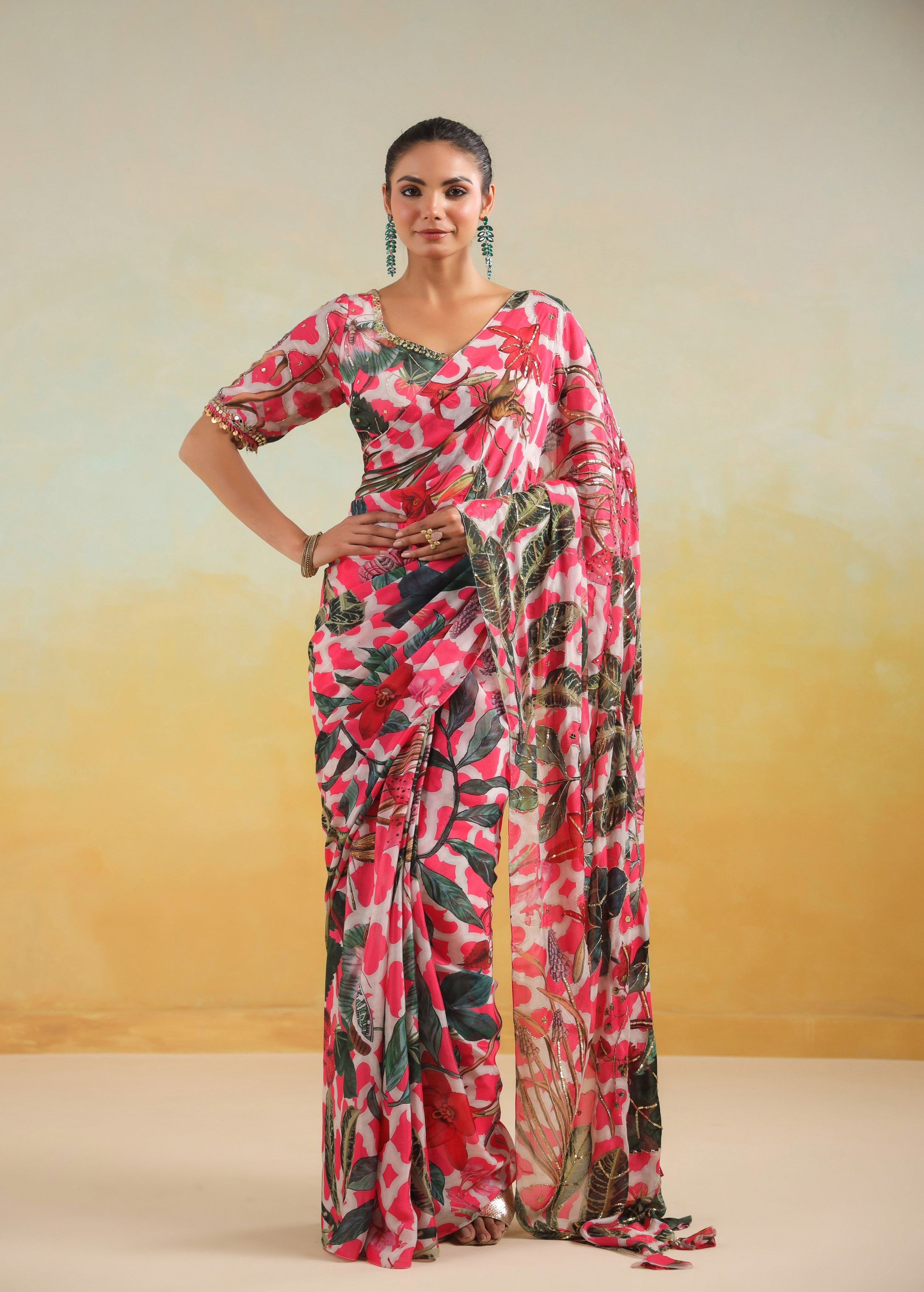 Fuchsia Pink Printed Chinon Silk Saree
