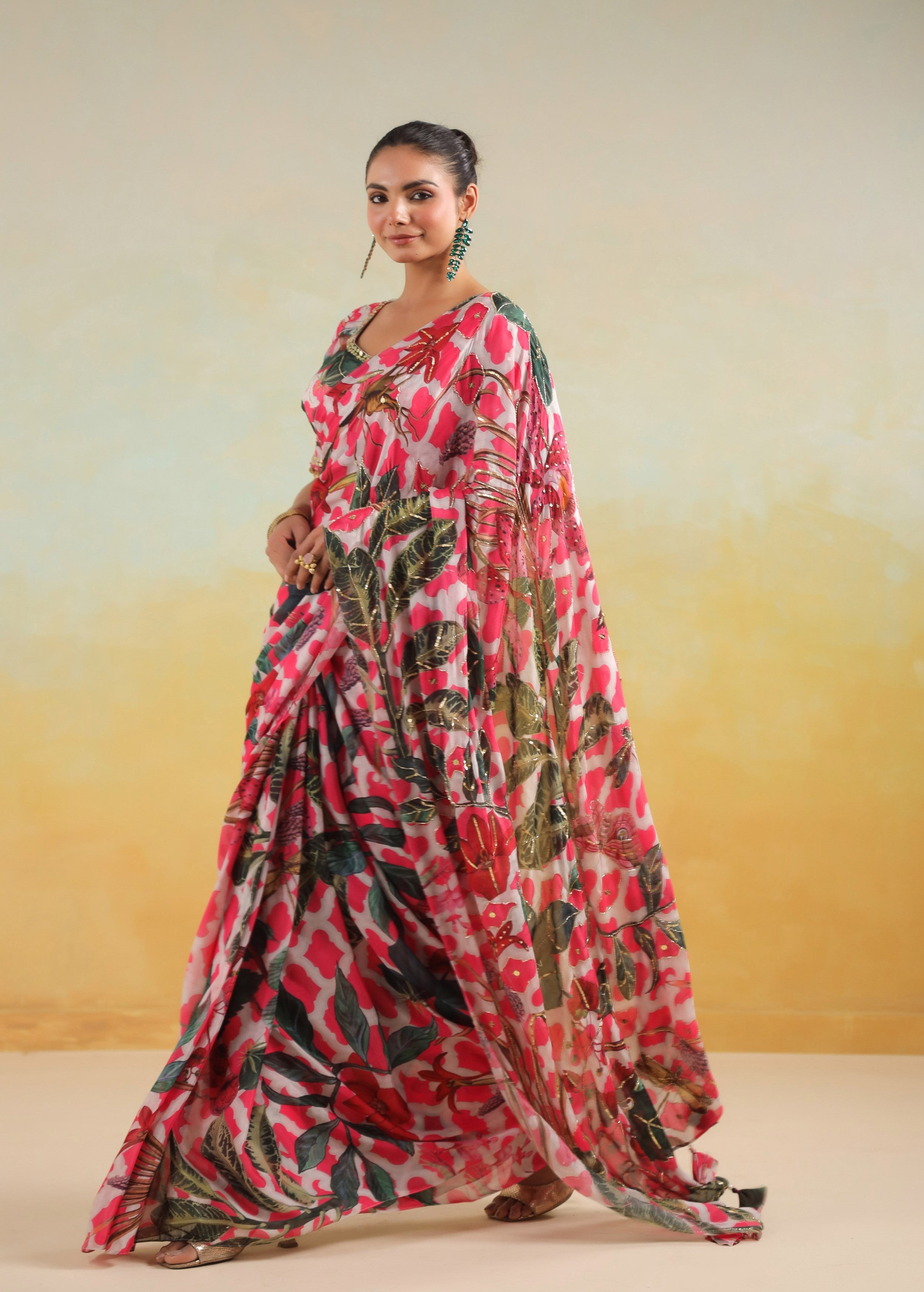 Fuchsia Pink Printed Chinon Silk Saree