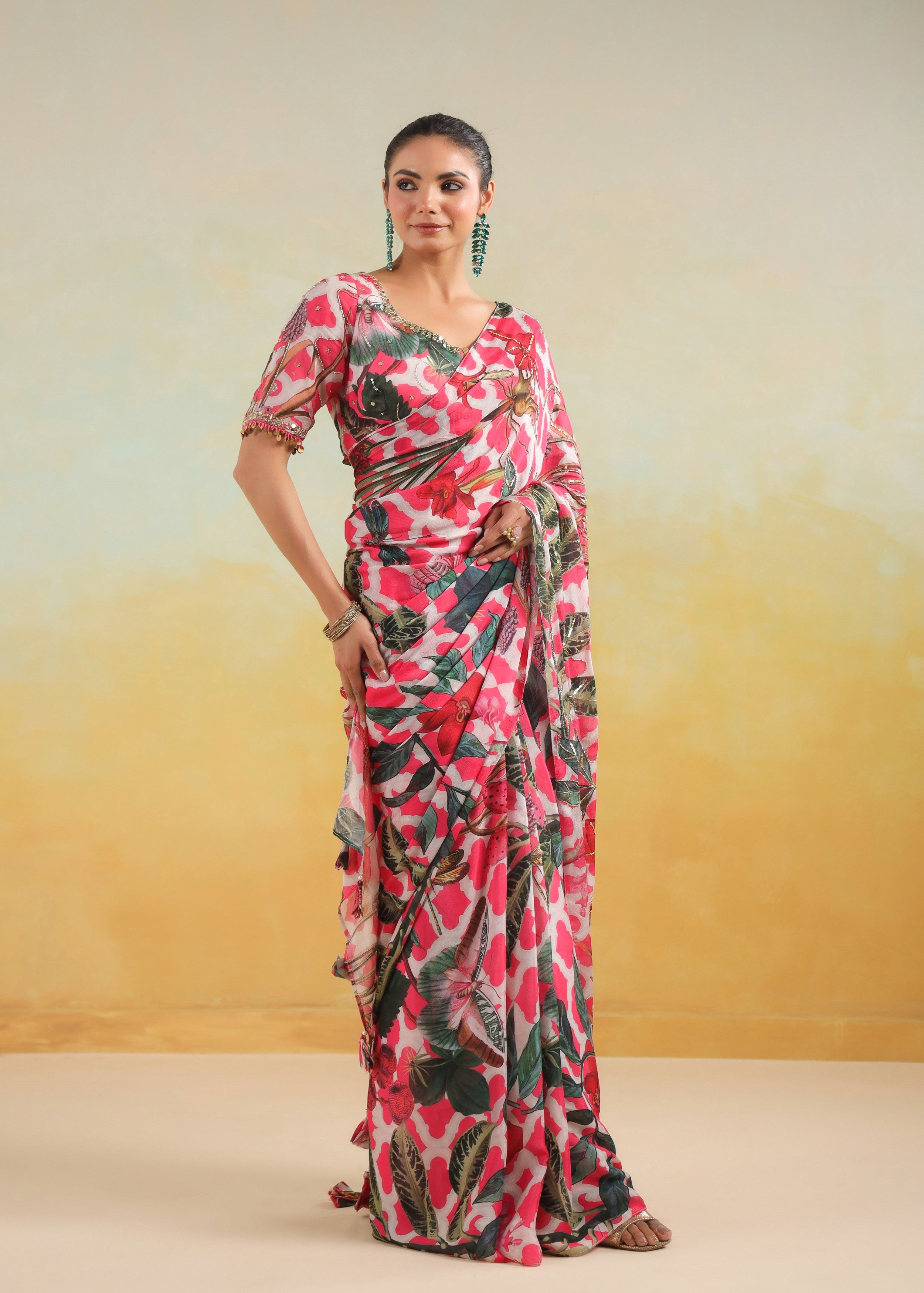Fuchsia Pink Printed Chinon Silk Saree