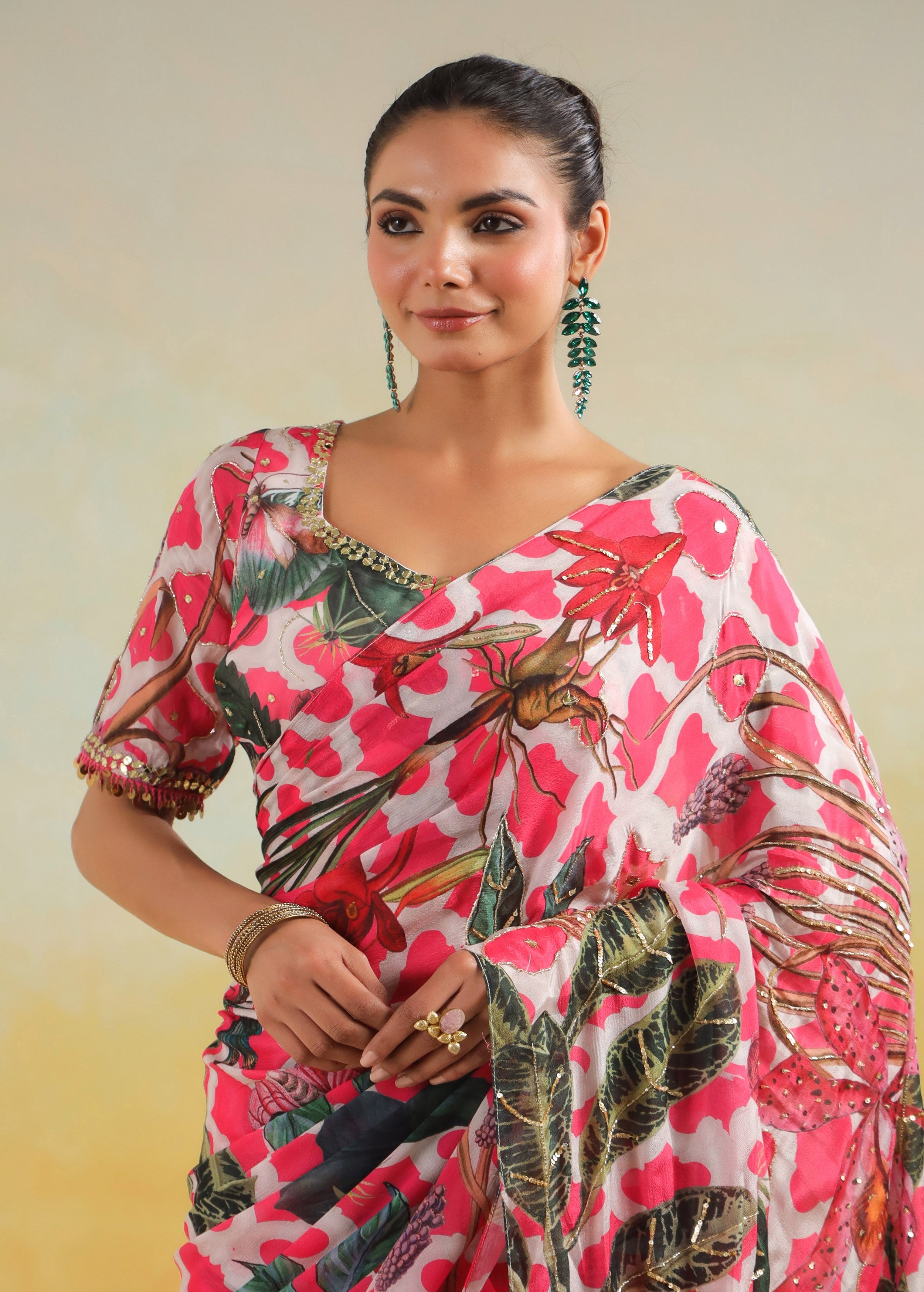 Fuchsia Pink Printed Chinon Silk Saree
