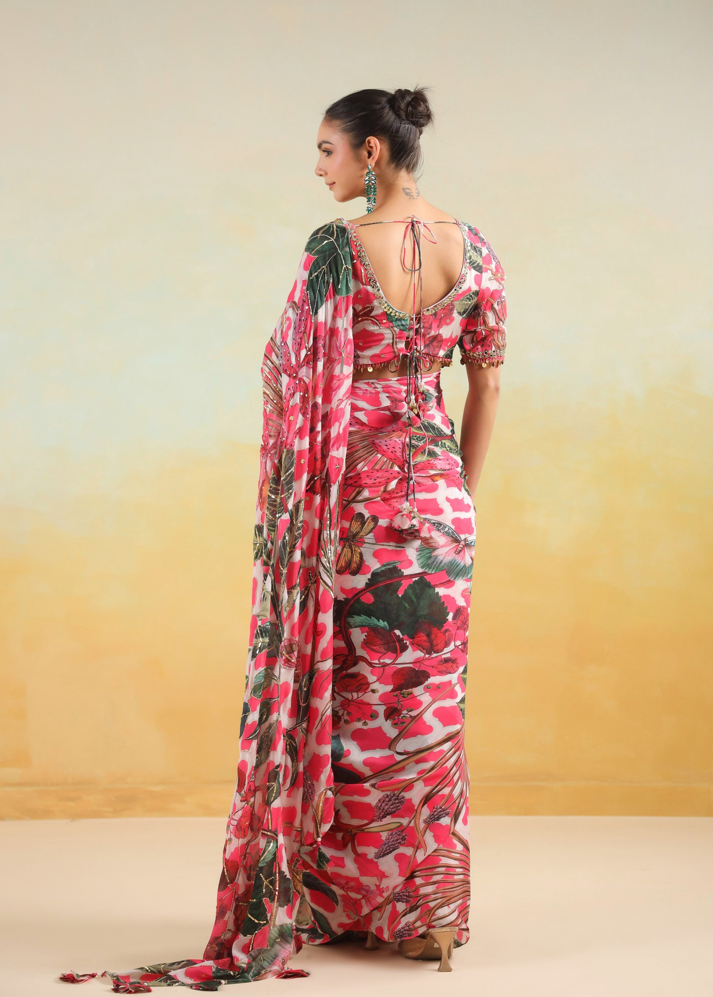Fuchsia Pink Printed Chinon Silk Saree