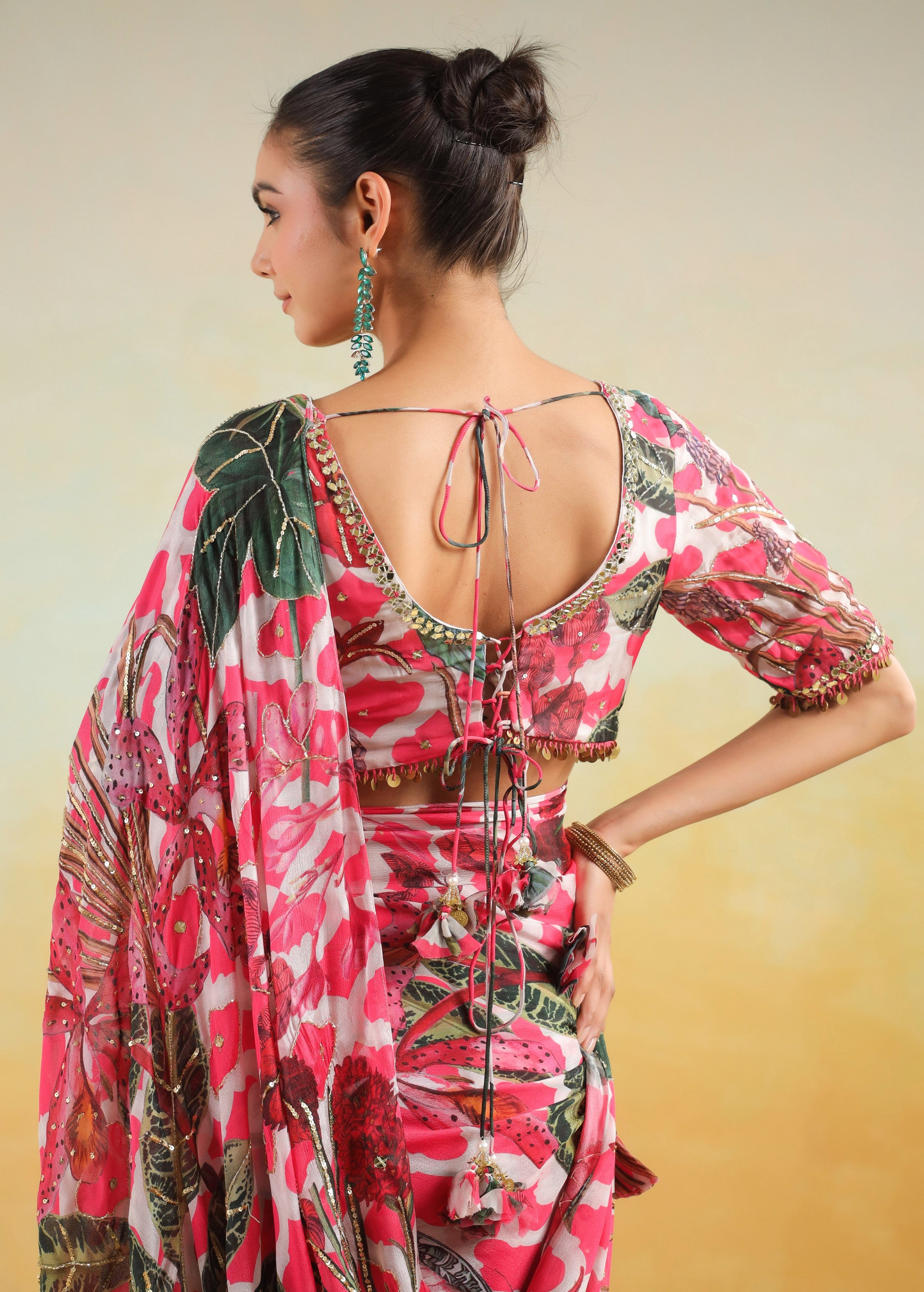Fuchsia Pink Printed Chinon Silk Saree