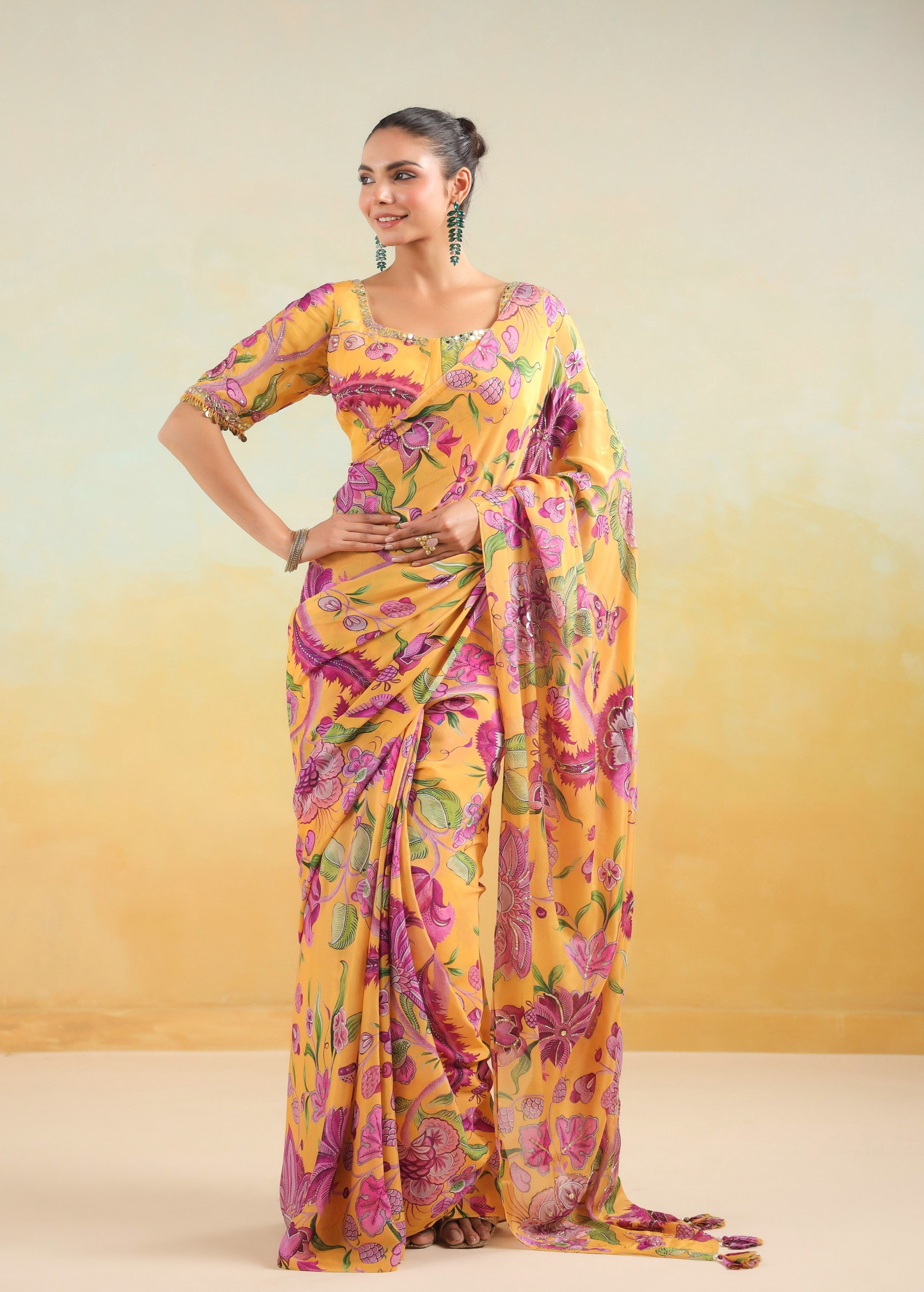 Sunflower Yellow Printed Chinon Silk Saree