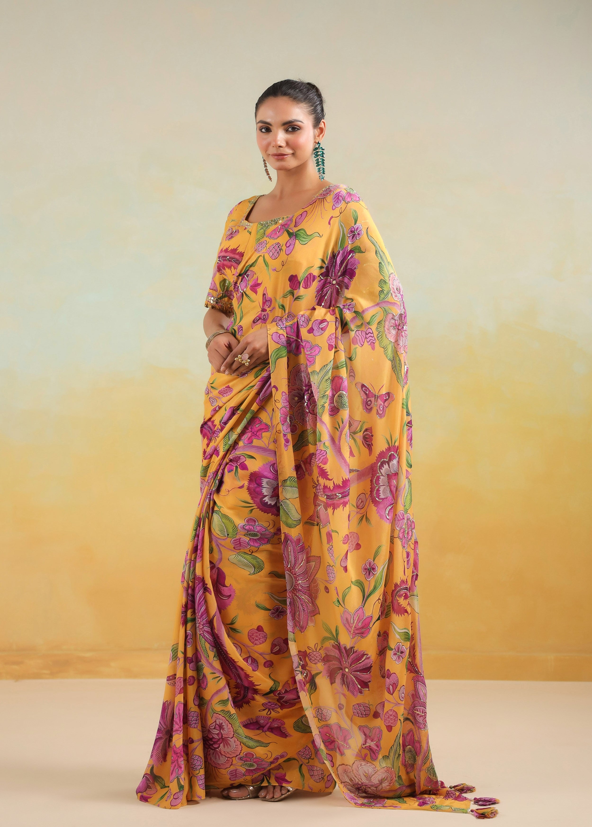 Sunflower Yellow Printed Chinon Silk Saree