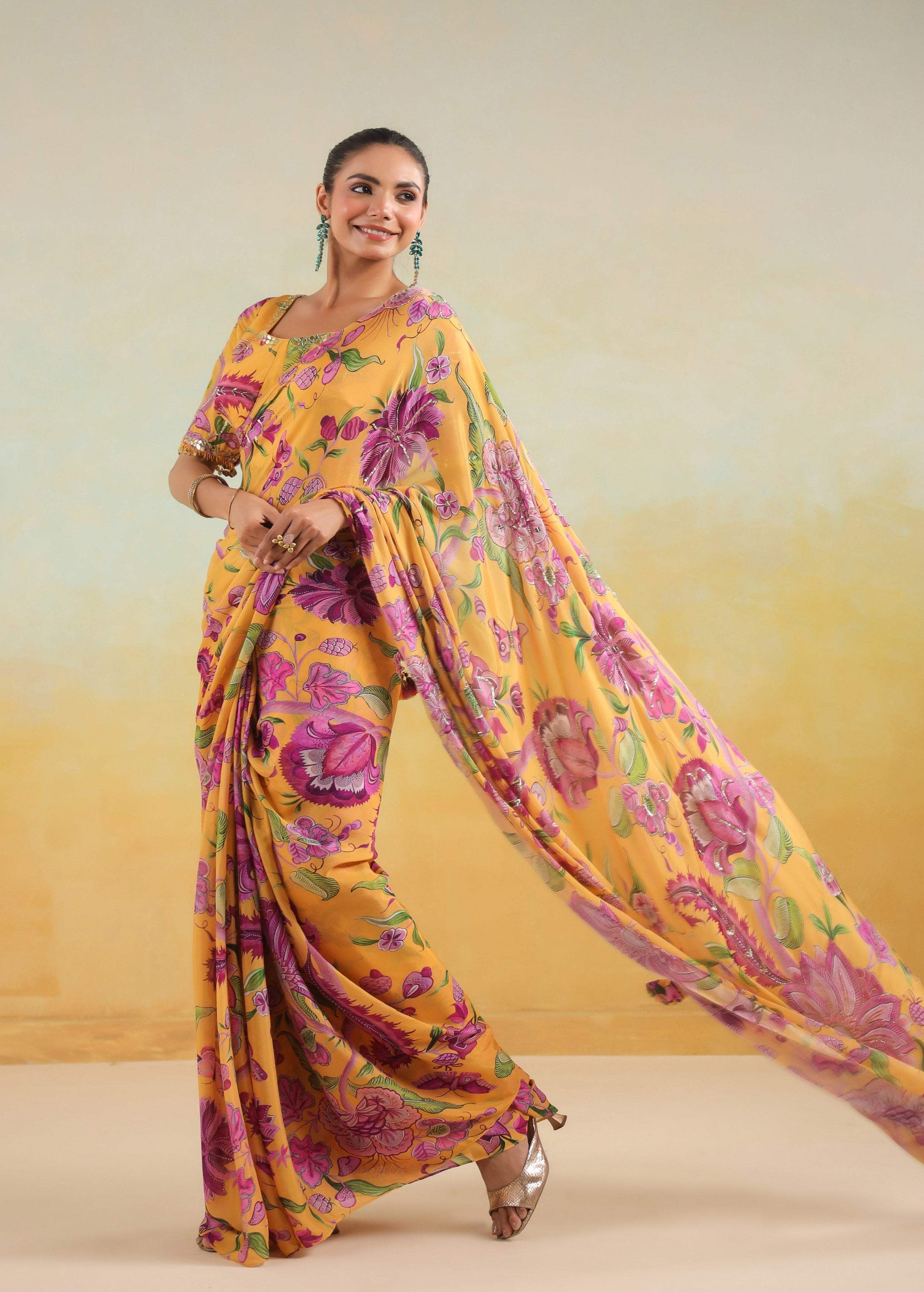 Sunflower Yellow Printed Chinon Silk Saree