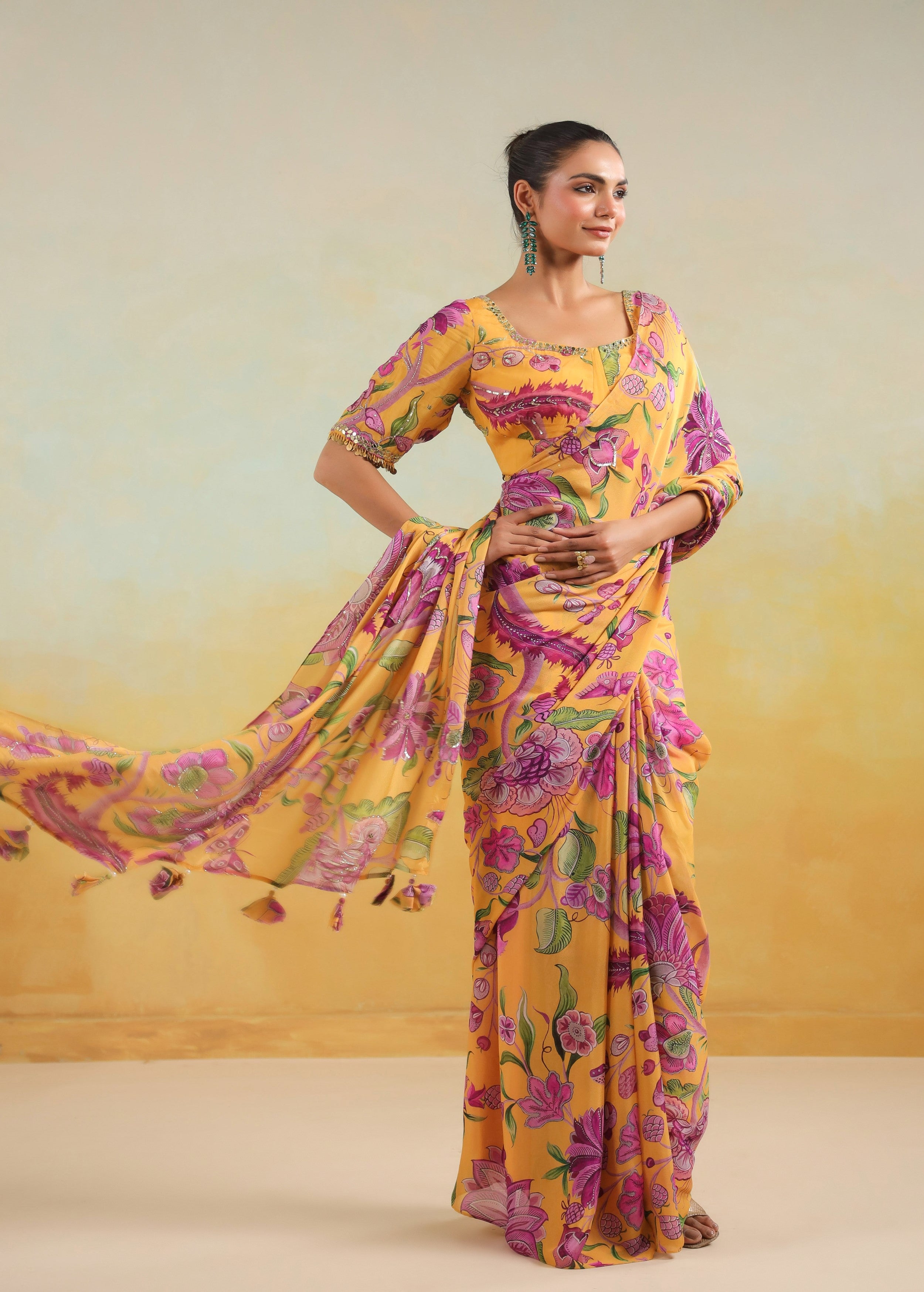 Sunflower Yellow Printed Chinon Silk Saree