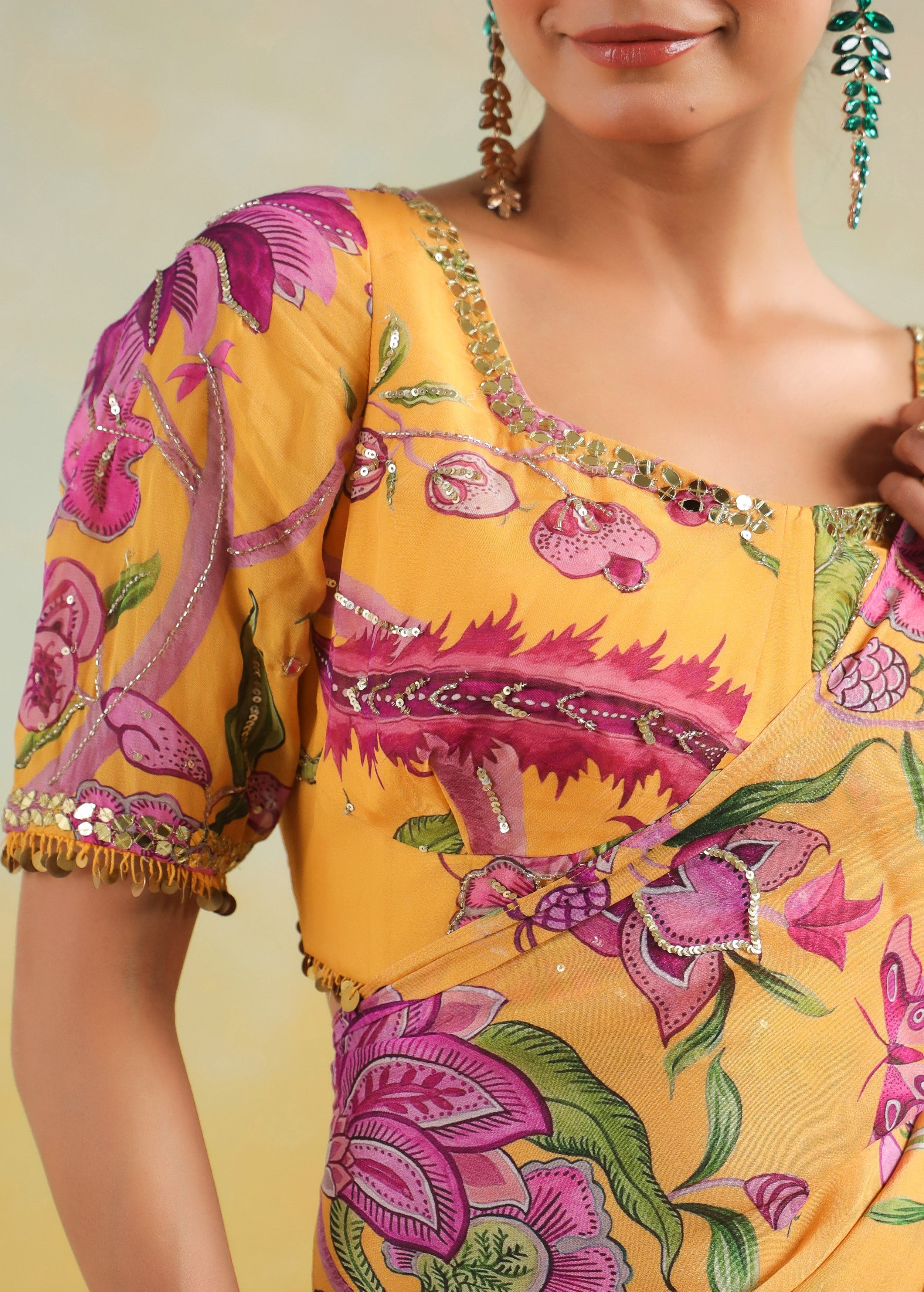 Sunflower Yellow Printed Chinon Silk Saree