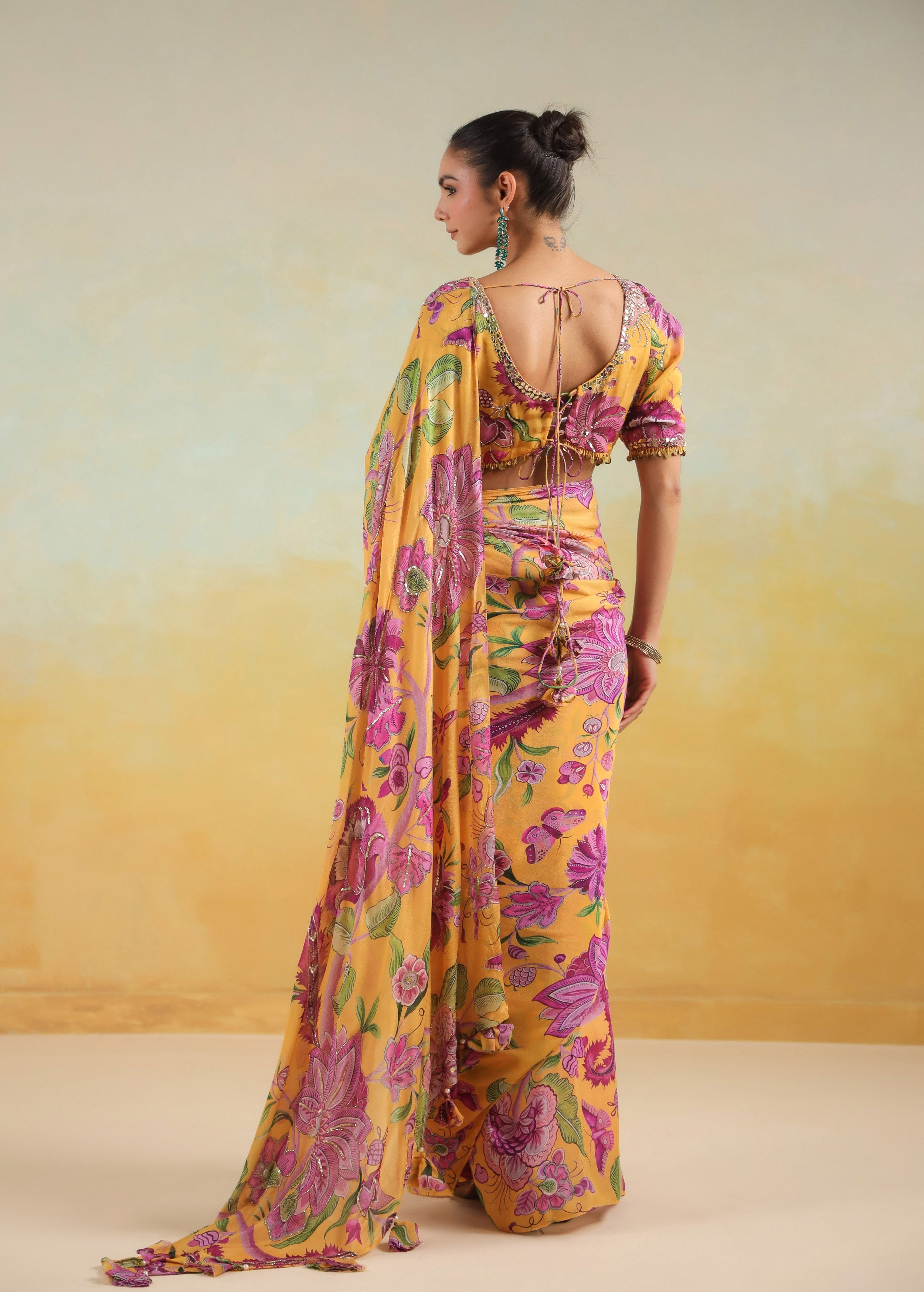Sunflower Yellow Printed Chinon Silk Saree