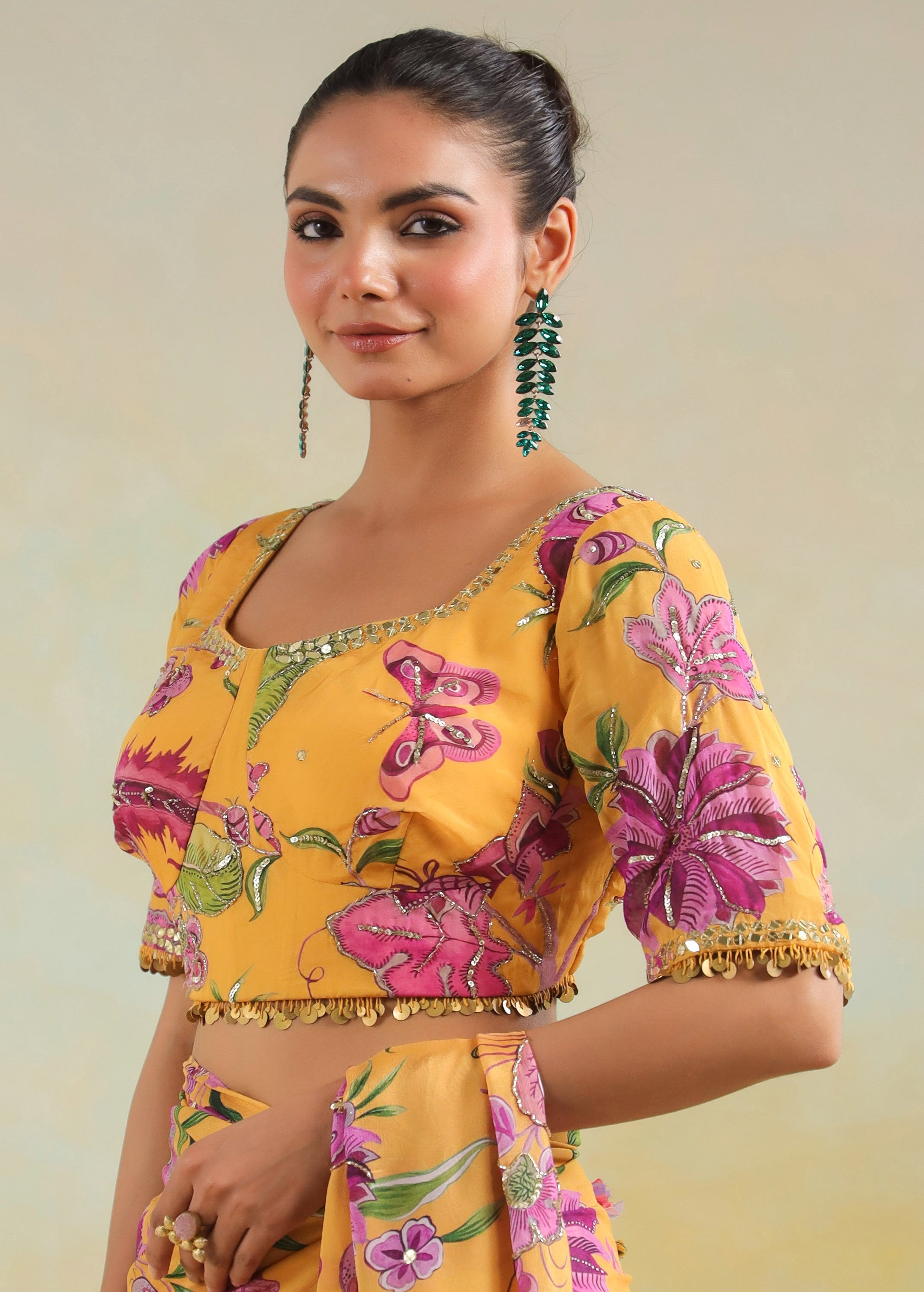 Sunflower Yellow Printed Chinon Silk Saree