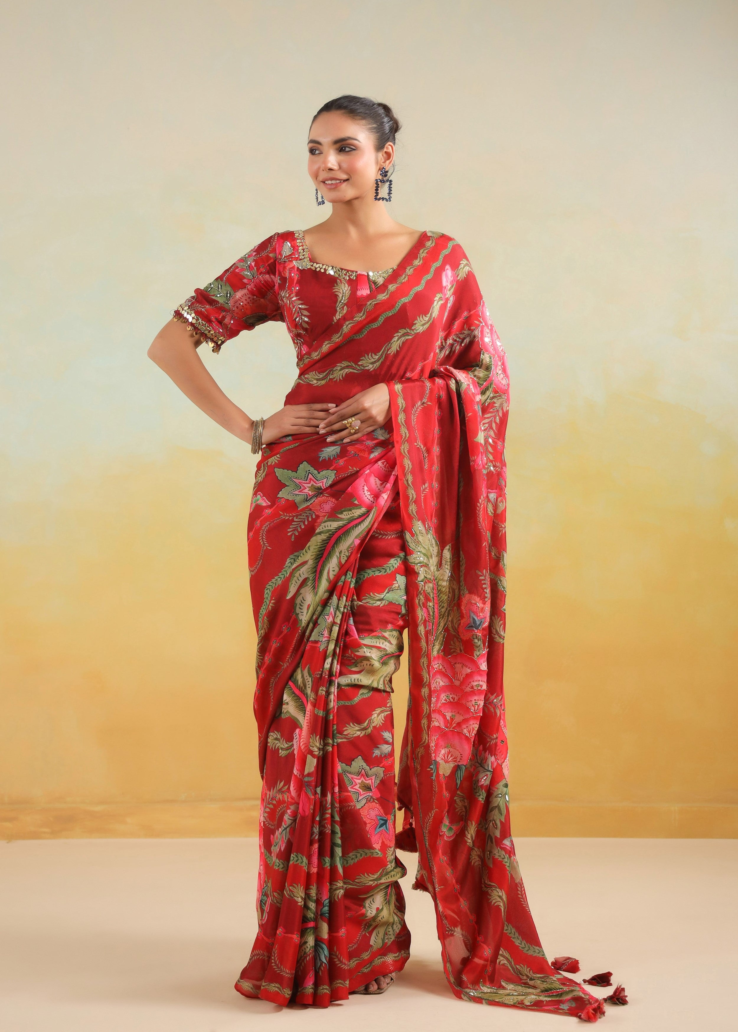 Vibrant Red Printed Chinon Silk Saree