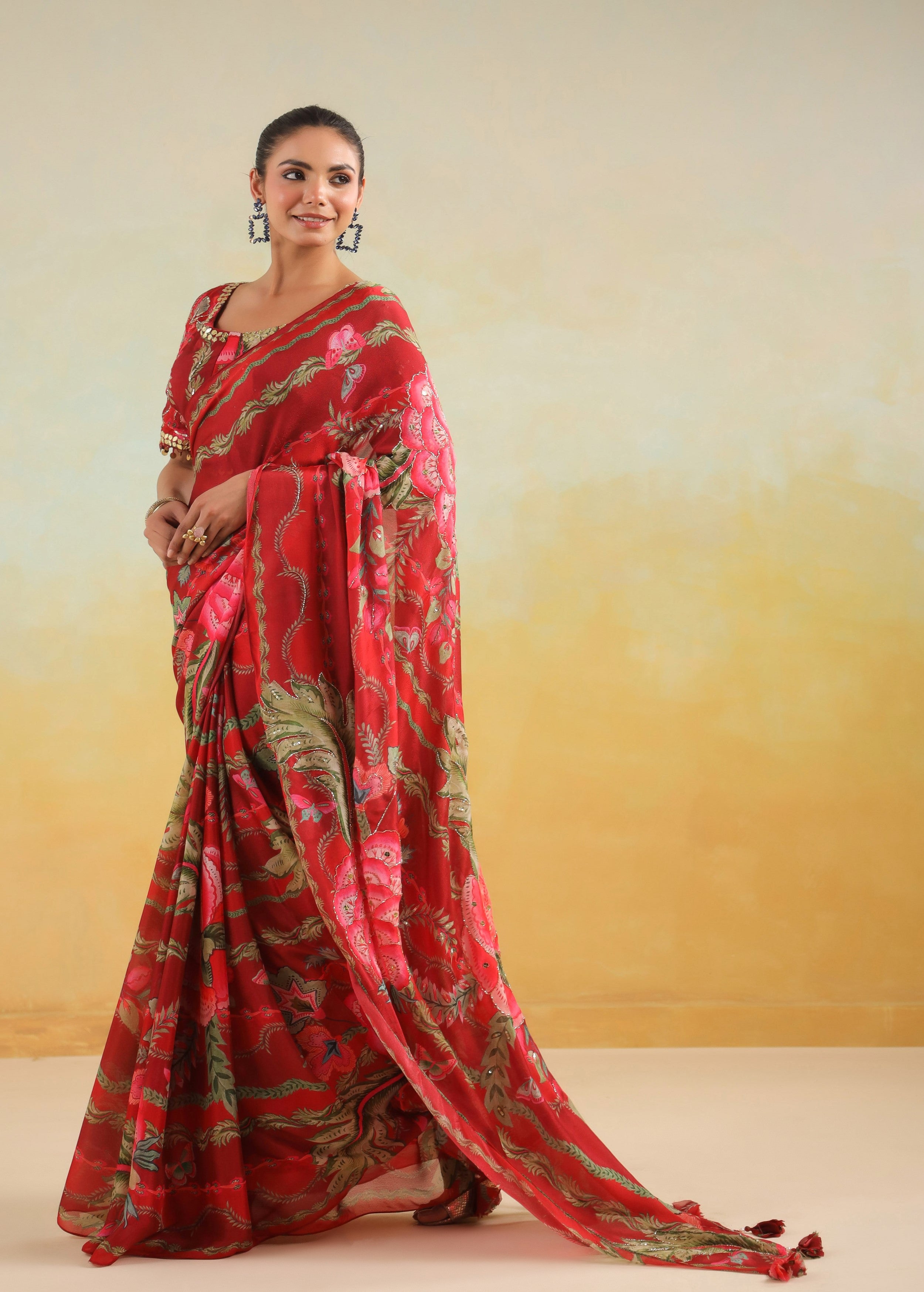 Vibrant Red Printed Chinon Silk Saree