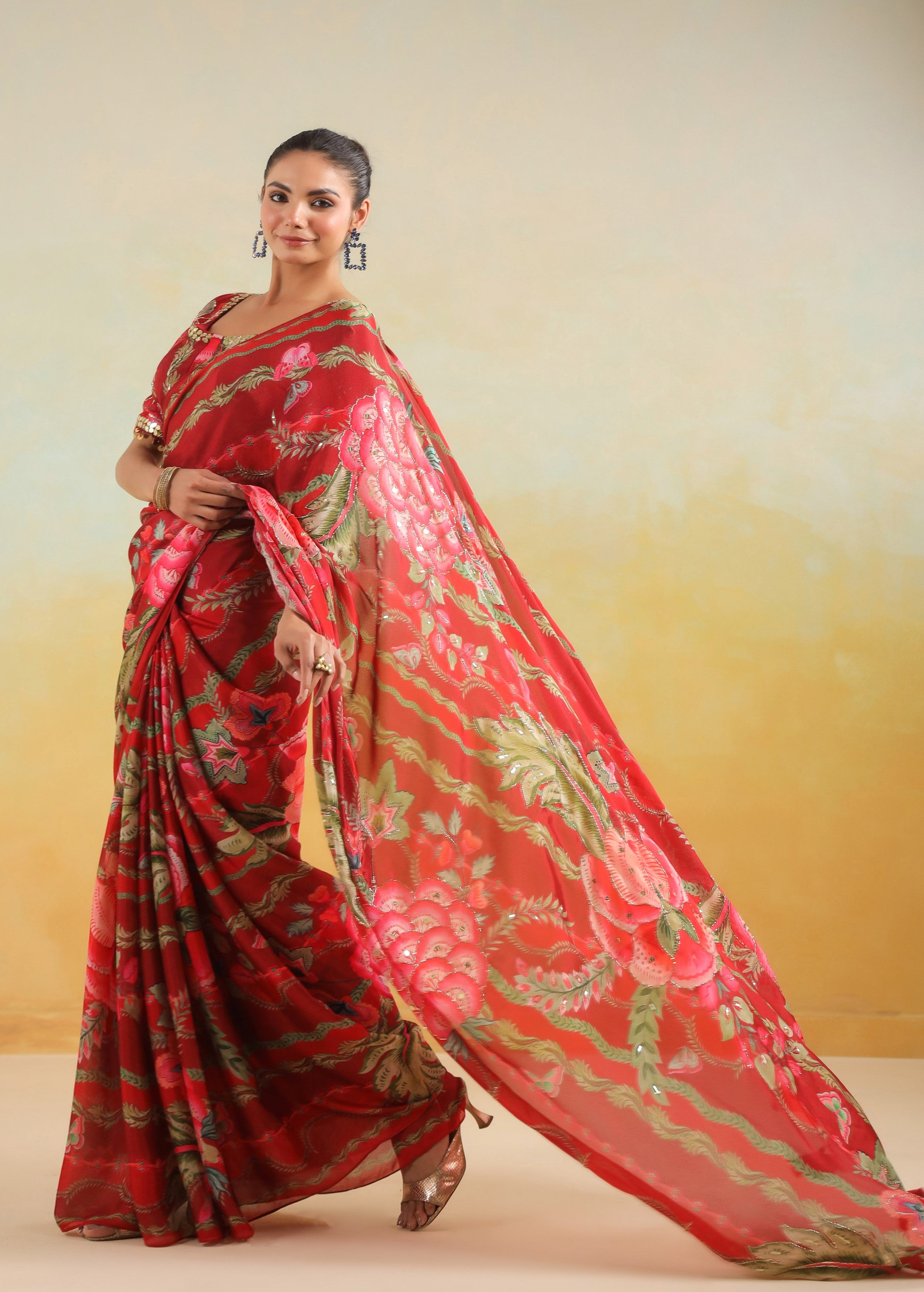Vibrant Red Printed Chinon Silk Saree
