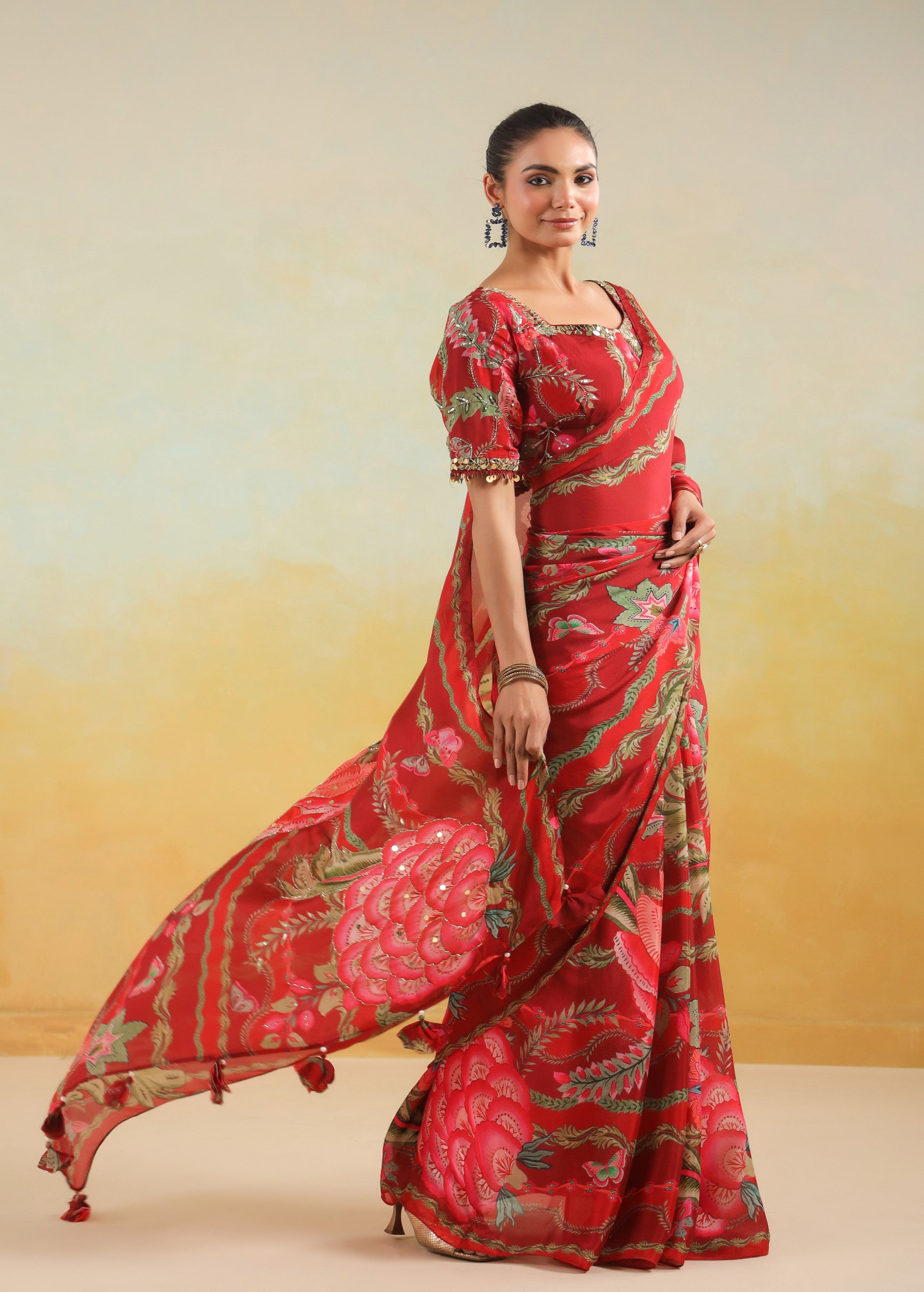Vibrant Red Printed Chinon Silk Saree