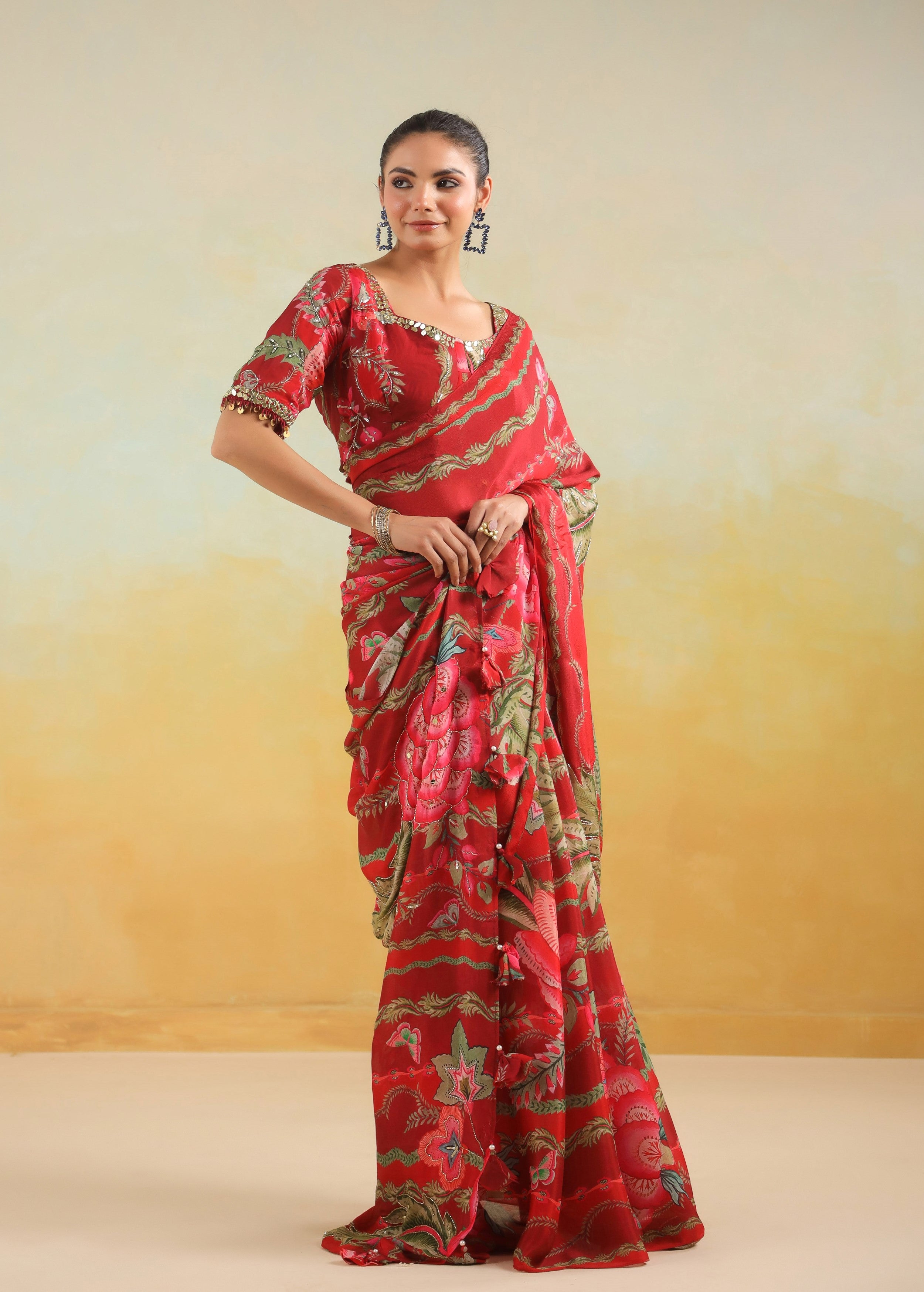 Vibrant Red Printed Chinon Silk Saree