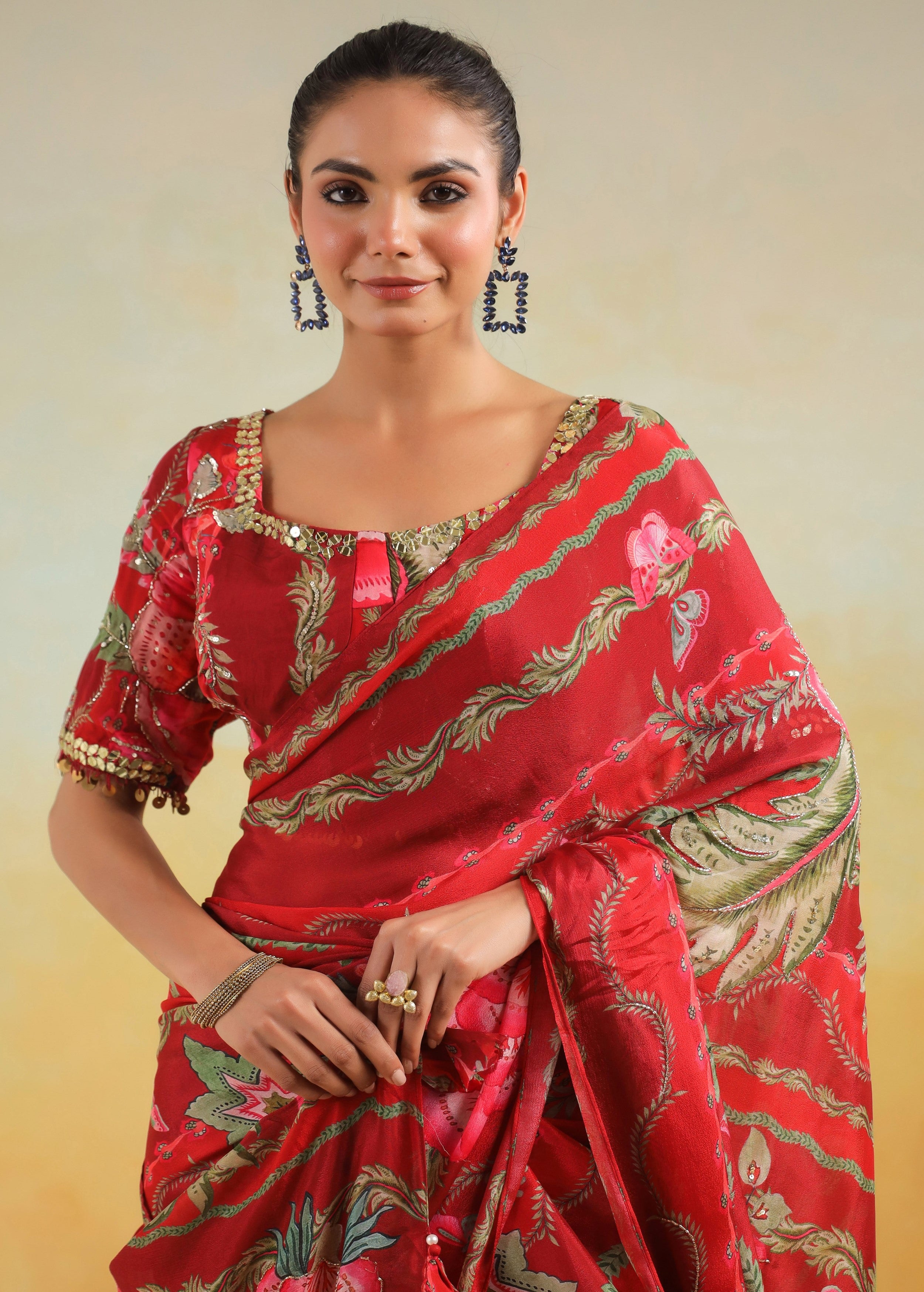 Vibrant Red Printed Chinon Silk Saree